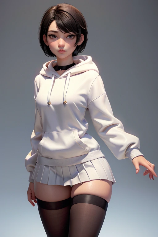 Young woman,  short black hair, brown eyes,  wearing a white hoodie,  black pleated skirt ,  white thigh-high stockings ,  natural lighting ,  ultra resolution ,  plain white background , without patterns, No textures.