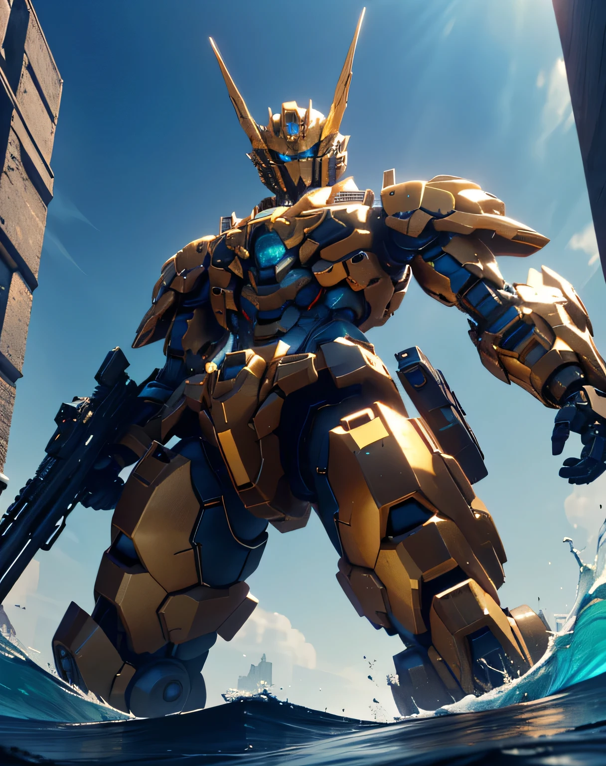 ((masterpiece, Best Quality)), (( dynamic movement,  holding a gun with raised arms, Lifting one leg)), (giant golden robot, Blue Chest, angular armor), ( rendered in Unreal Engine 5 , Black Octane Rendering, Super detailed with octane rendering ,  rendered with 8K Unreal Engine ,  rendered with Unreal Engine 6 ,  high detail iconic characters ,   8k octane rendering photorealistic,  Unreal Engine 5 Render ,  rendered in Unreal Engine 5 , Detailed images, Ultra-precision), metallic, My eyes are glowing green, ((sea, Wave, Lots of water splashes: 1.5, Multiple spherical flying objects )), (from below: 2.0, straight-on: 2.0), EdobLandscapeAlpha, (32K,  Ultra High Definition), Nijimecha, Symmetrical head , (view from front),  don't look at me, ((absract art)), I'm holding a huge gun, (face focus
)