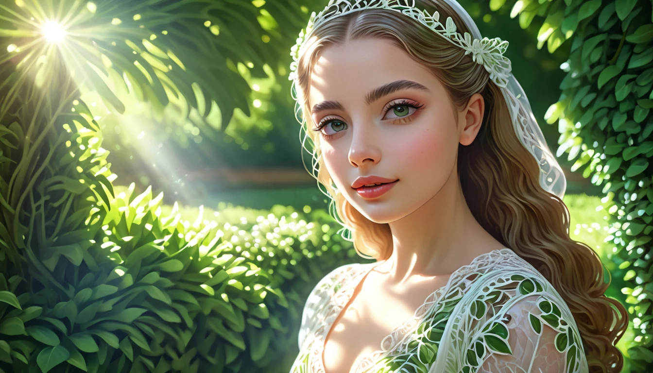 a beautiful girl in a garden, detailed eyes, detailed lips, long eyelashes, elegant dress, serene expression, sunlight filtering through the trees, lush greenery, vibrant colors, (best quality,4k,8k,highres,masterpiece:1.2),ultra-detailed,(realistic,photorealistic,photo-realistic:1.37),portrait,digital painting