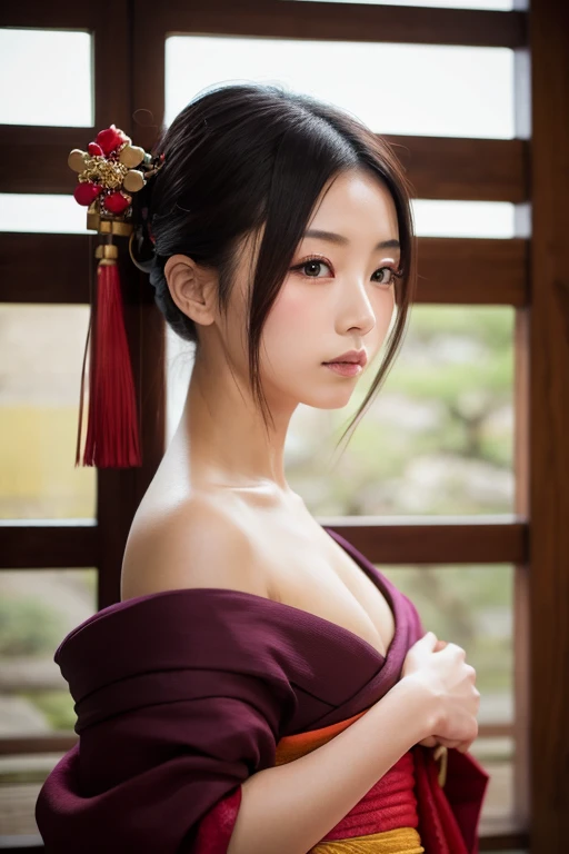 jeune femme de 25 ans, brune aux yeux bleus, topless, geisha, maison traditionnelle japonaise