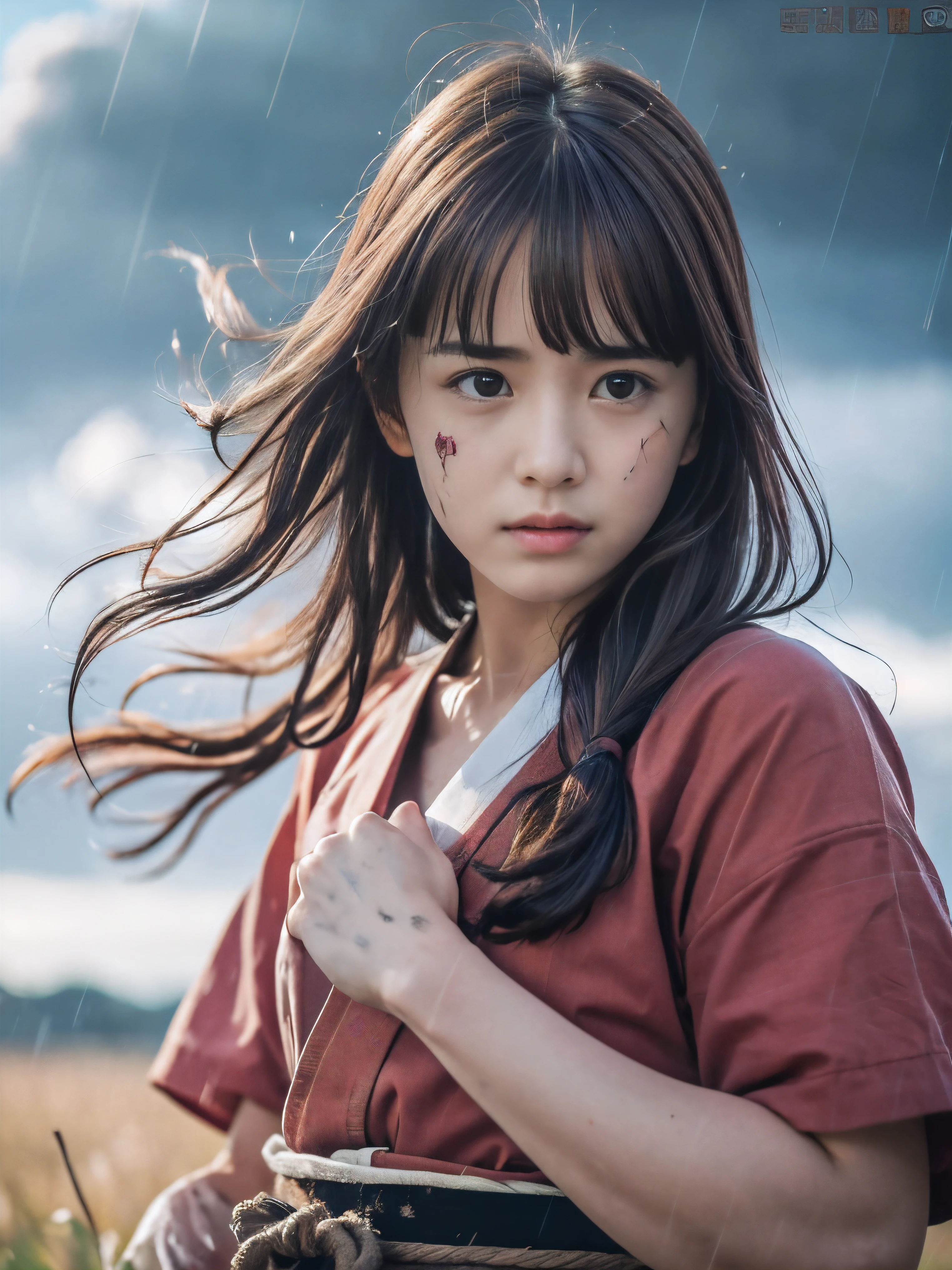 (Close up portrait of one slender small breasts red brown wavy long hair with dull bangs girl in a red colored dirty bloody samurai armor in Japan at raining:1.5)、(One girl hold Japanese traditional white blade sword on hand and makes fighting pose under the raining sky on the grassland in old Japan with crying dirty bloody face:1.5)、(Heavy raining dark sky:1.5)、(blurred background:1.5)、(Natural light:1.5)、(8k ultra detailed master piece:1.5)、(perfect anatomy:1.5)、(Photorealistic stick:1.5)、(Raw photo:1.3)、(highest quality:1.5)、(High resolution:1.3)、(Delicate and beautiful perfect face:1.3)、(Delicate and beautiful eye air skin:1.3)、(Real Human Skin:1.3)、((thin legs))