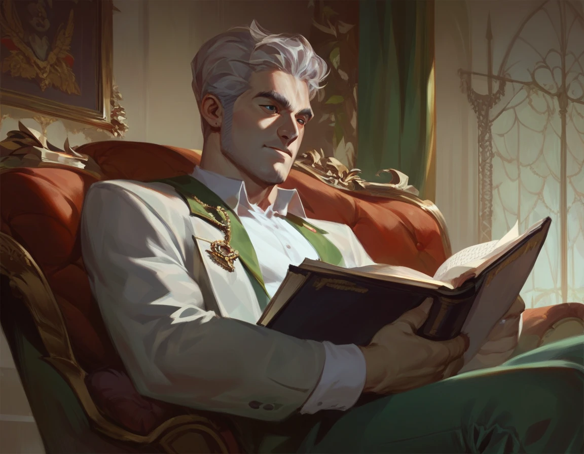 Italian man. Gray hair , Alone. Room. wearing a doctor's uniform. (18th century) Sitting in an armchair reading a book. Night. 