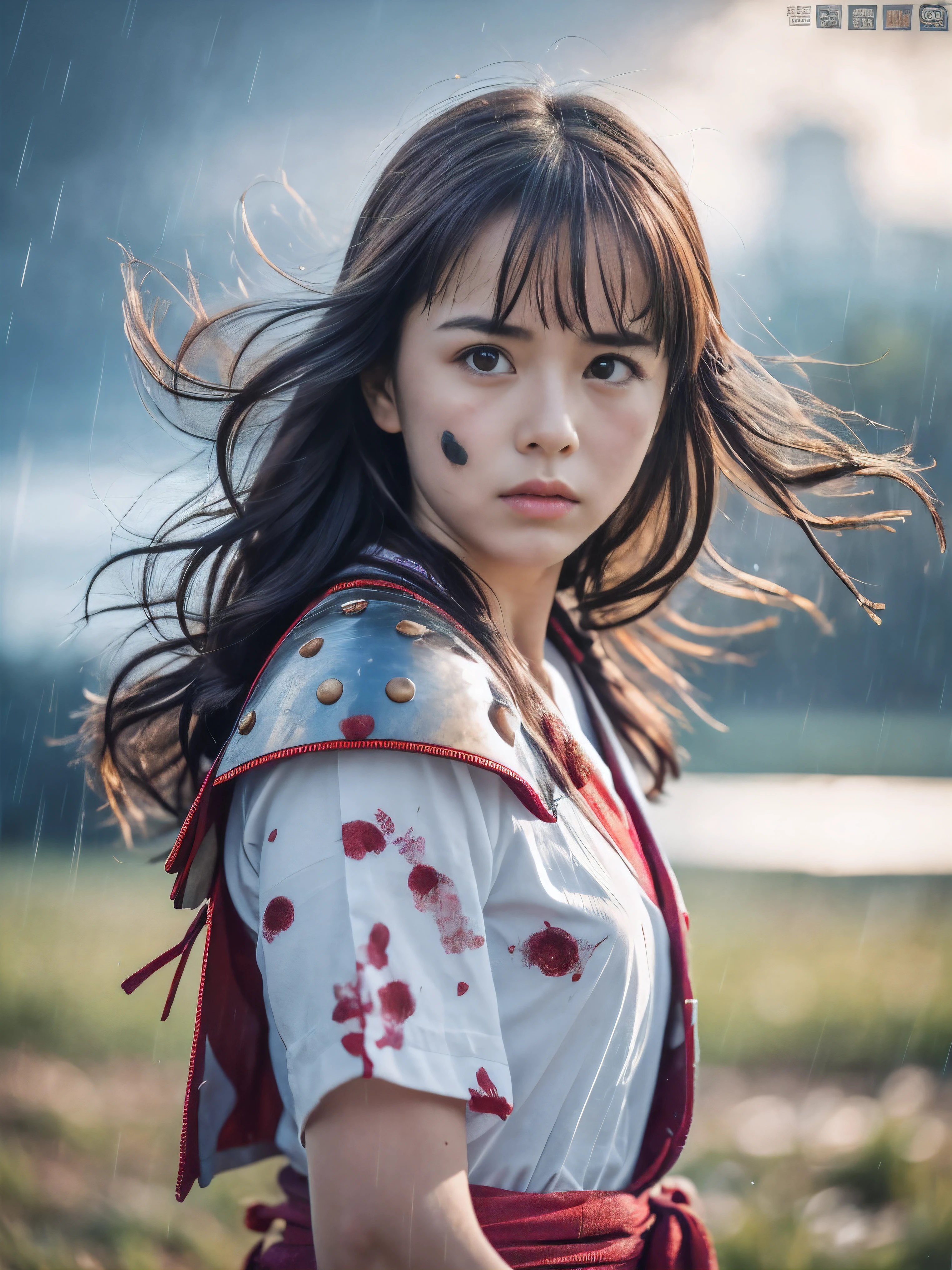 (Close up portrait of one slender small breasts red brown wavy long hair with dull bangs girl in a red colored dirty bloody samurai armor in Japan at raining:1.5)、(One girl hold Japanese traditional white blade sword on hand and makes fighting pose under the raining sky on the grassland in old Japan with crying dirty bloody face:1.5)、(Heavy raining dark sky:1.5)、(blurred background:1.5)、(Natural light:1.5)、(8k ultra detailed master piece:1.5)、(perfect anatomy:1.5)、(Photorealistic stick:1.5)、(Raw photo:1.3)、(highest quality:1.5)、(High resolution:1.3)、(Delicate and beautiful perfect face:1.3)、(Delicate and beautiful eye air skin:1.3)、(Real Human Skin:1.3)、((thin legs))