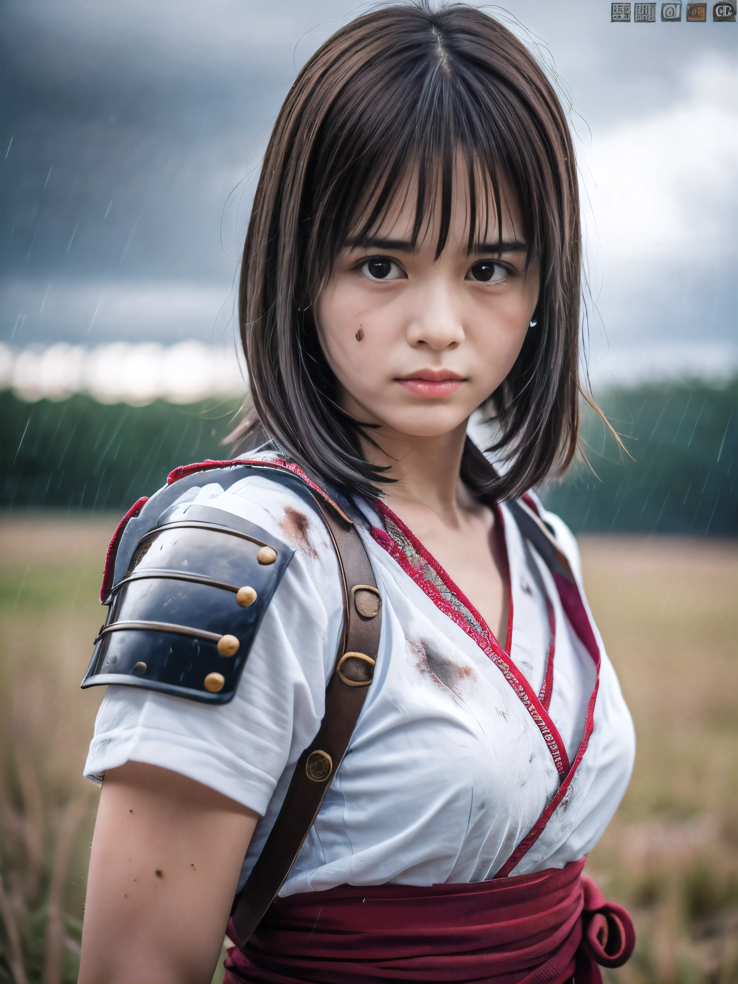 (Close up portrait of one slender small breasts round face brown short hair with bangs girl in a green colored dirty bloody samurai armor in Japan at raining:1.5)、(One girl hold Japanese traditional white blade sword on hand and makes fighting pose under the raining sky on the grassland in old Japan with crying dirty bloody face:1.5)、(Heavy raining dark sky:1.5)、(blurred background:1.5)、(Natural light:1.5)、(8k ultra detailed master piece:1.5)、(perfect anatomy:1.5)、(Photorealistic stick:1.5)、(Raw photo:1.3)、(highest quality:1.5)、(High resolution:1.3)、(Delicate and beautiful perfect face:1.3)、(Delicate and beautiful eye air skin:1.3)、(Real Human Skin:1.3)、((thin legs))