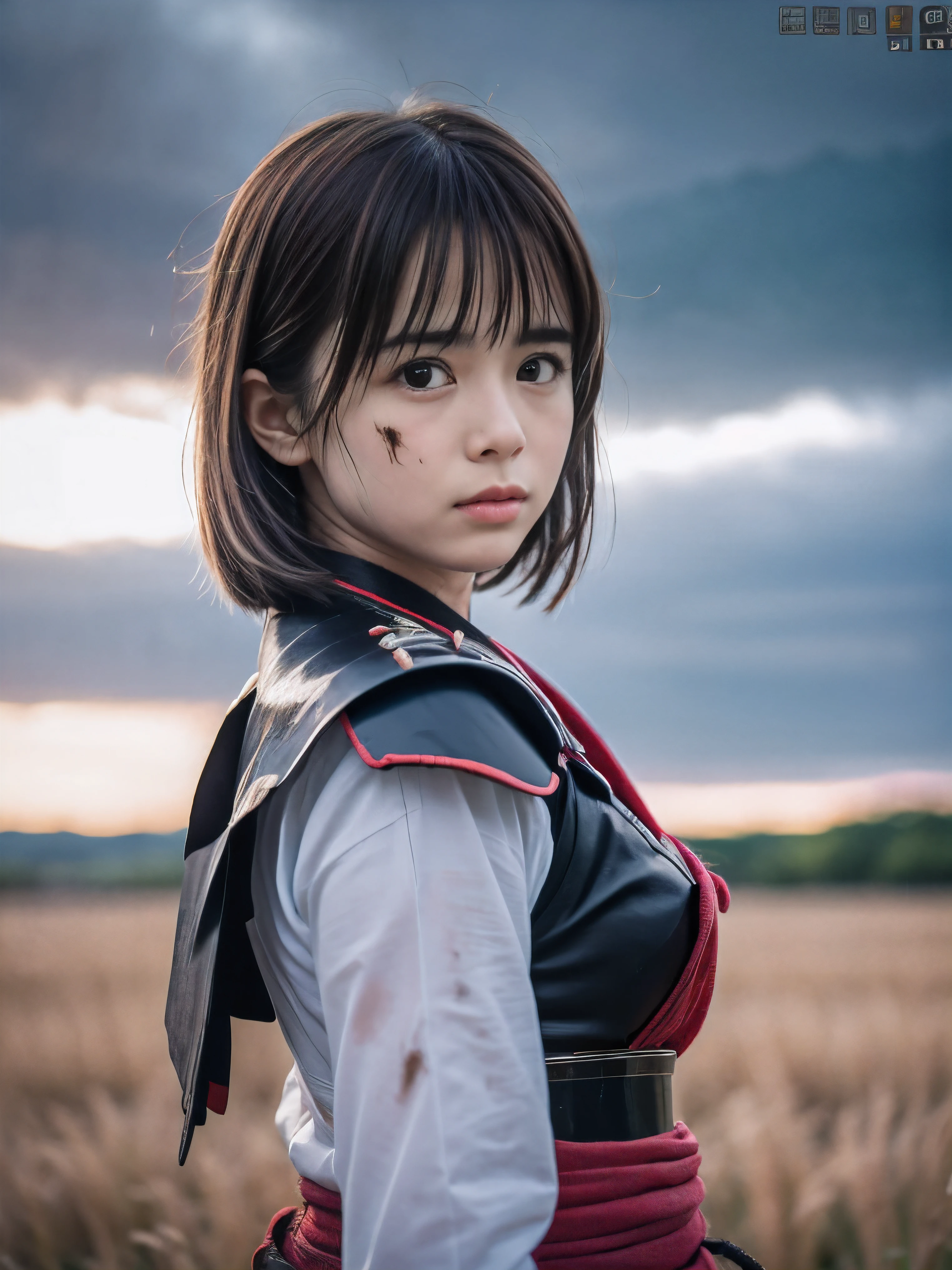 (Close up portrait of one slender small breasts round face brown short hair with bangs girl in a green colored dirty bloody samurai armor in Japan at raining:1.5)、(One girl hold Japanese traditional white blade sword on hand and makes fighting pose under the raining sky on the grassland in old Japan with crying dirty bloody face:1.5)、(Heavy raining dark sky:1.5)、(blurred background:1.5)、(Natural light:1.5)、(8k ultra detailed master piece:1.5)、(perfect anatomy:1.5)、(Photorealistic stick:1.5)、(Raw photo:1.3)、(highest quality:1.5)、(High resolution:1.3)、(Delicate and beautiful perfect face:1.3)、(Delicate and beautiful eye air skin:1.3)、(Real Human Skin:1.3)、((thin legs))