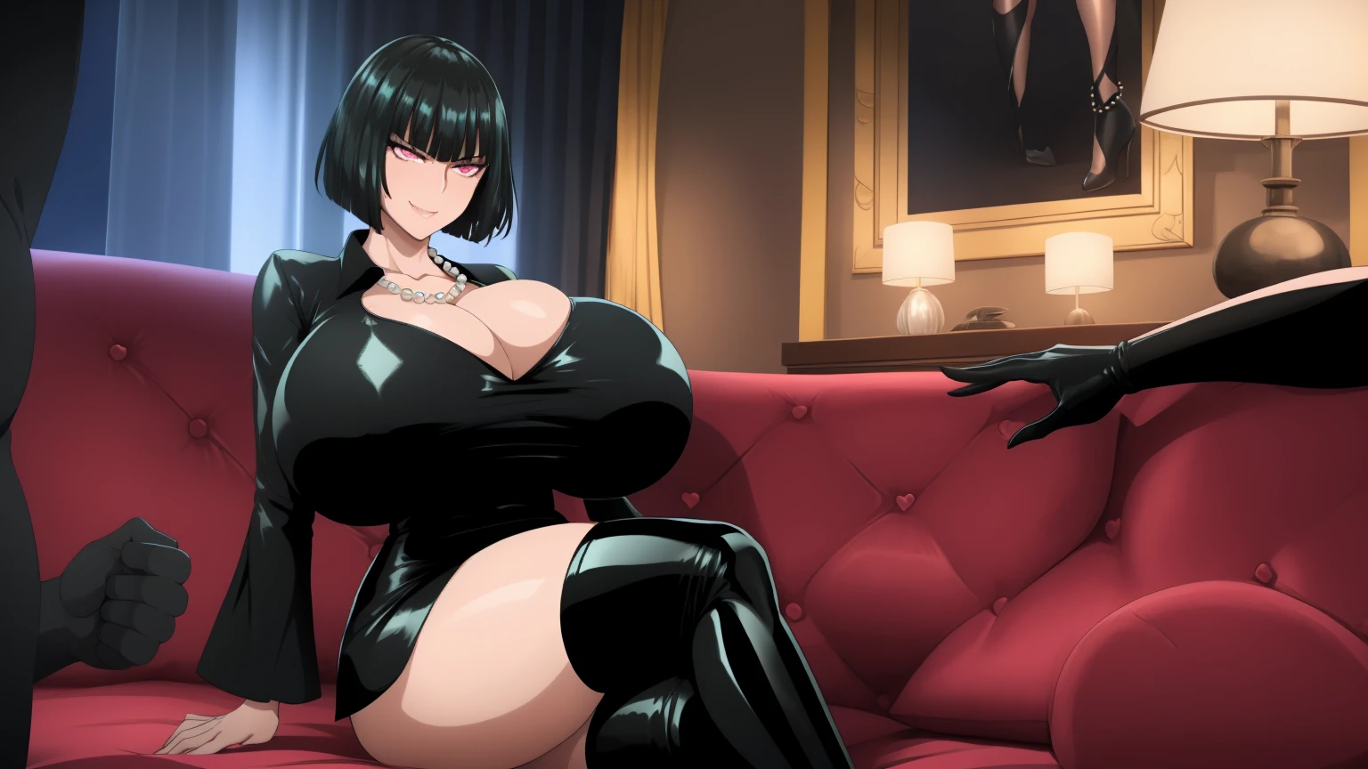 1 female, 1 big black tall man, night club, party, sex club, luxury, female with black fringe style bob haircut, wearing black lingerine suit, dominatrix lingerie, wearing pearl neckalce, lustful smirk, hearts, dominant pose, short black hair, pink eyes, ((giant breasts)), ((thick thighs)), ((huge breasts)), seductive smile, wearing thigh high boots, surrounded by big black man, resting at the sofa, love, lust, manipulated, mind control, lust mind control, enjoying, biting lips, satisfaction