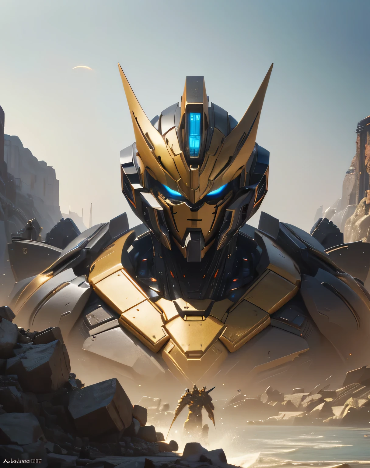 ((masterpiece, Best Quality)), (( dynamic movement,  holding a gun with raised arms, Lifting one leg)), (giant golden robot, Blue Chest, angular armor), ( rendered in Unreal Engine 5 , Black Octane Rendering, Super detailed with octane rendering ,  rendered with 8K Unreal Engine ,  rendered with Unreal Engine 6 ,  high detail iconic characters ,   8k octane rendering photorealistic,  Unreal Engine 5 Render ,  rendered in Unreal Engine 5 , Detailed images, Ultra-precision), metallic, My eyes are glowing green, ((sea, Wave, Lots of water splashes: 1.5, Multiple spherical flying objects )), (straight-on: 2.0), EdobLandscapeAlpha, (32K,  Ultra High Definition), Nijimecha, Symmetrical head , (view from front),  don't look at me, ((absract art)), I'm holding a huge gun, (face focus: 2.0)