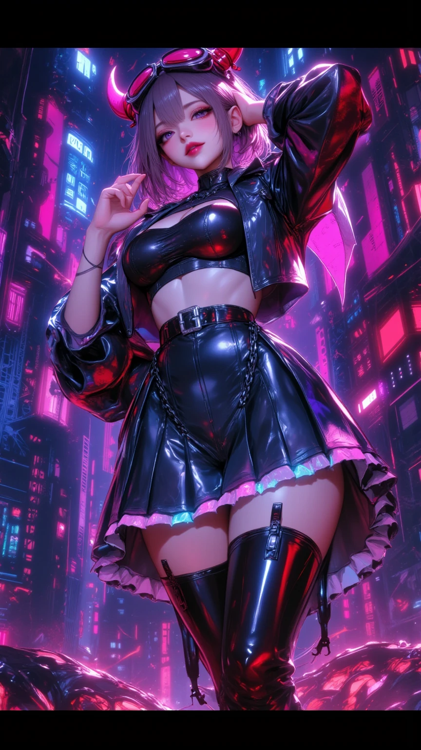 One young and beautiful woman,(Best Quality, very detailed depiction, Incredibly Absurd High Resolution ,High quality anime drawings:2.0),(Virtual idol wearing a cyber-inspired villain costume ),( Action Poses Like a Sci-fi Hero Show ),( The design combines futuristic and diabolical elements with classic maid features, villain style makeup with dark lipstick and eyeshadow , Cropped Jacket with Metal Shines and Epaulettes , Black Leathery High Neck Top ,Holographic pleated skirt with double hem and LED lights, Cyber Goggles or Glowing Hair Accessory , Metal Garter Belt or Chain belt , thick bottom platform shoes with glowing elements and mechanical details , red and neon blue accents based on metal silver and black , Strong cyberpunk feeling incorporating electronic lights and LEDs throughout the costume , Mechanical Horns Over Her Head , Mechanical Wings to Highlight a Cyberpunk Look ),(Purple Eyes, half-closed eyes, bewitching smile), full body image:2.0, standing:2.0,Inside electronic space , Virtual Space, Unreal World 