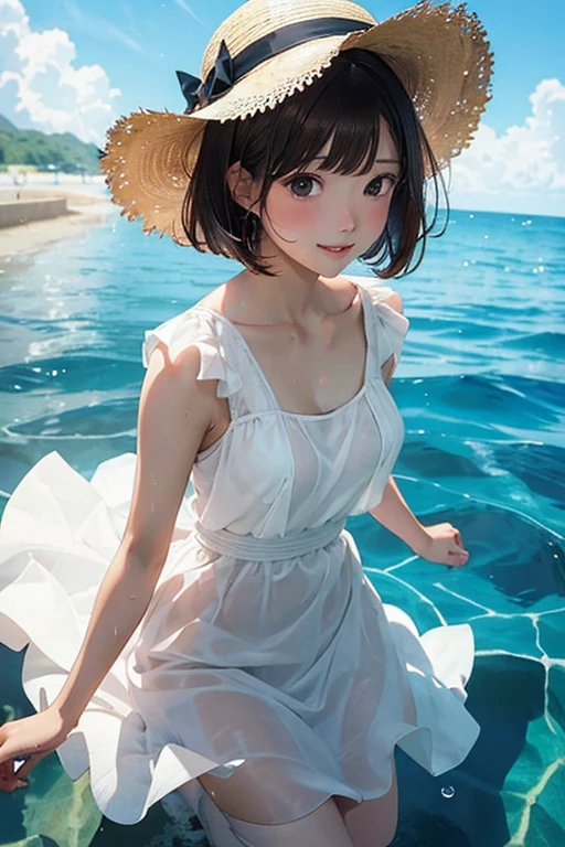 Top quality, Japan female idol, dainty, 20 years old, black hair, short hair, big eyes, small face, cute, smile, cute, beautiful girl, idol style, dynamism, round face, beautiful older sister, one ear sticking out, slightly blushing, neat young lady, texture close to live action, big smile, mouth bigger, hair shorter, hair fluttering in the wind, 10 heads, beauty, outer honey short hair, Short Wolf, Hanging Eyes, Portrait, Solo Shot, Long Eyes, Girlfriend Feeling, Sunglasses, Transparency, Sunglasses on Head, Armpits Visible, Glitter, Hair Pulling Up, Looking Back, South Island, Beach, Resort, Swimsuit Photo Collection, Separate, White Skin, Dynamism, Girl in White Dress, Girl Walking Barefoot on Sandy Beach, Barefoot, Mule, Straw Hat