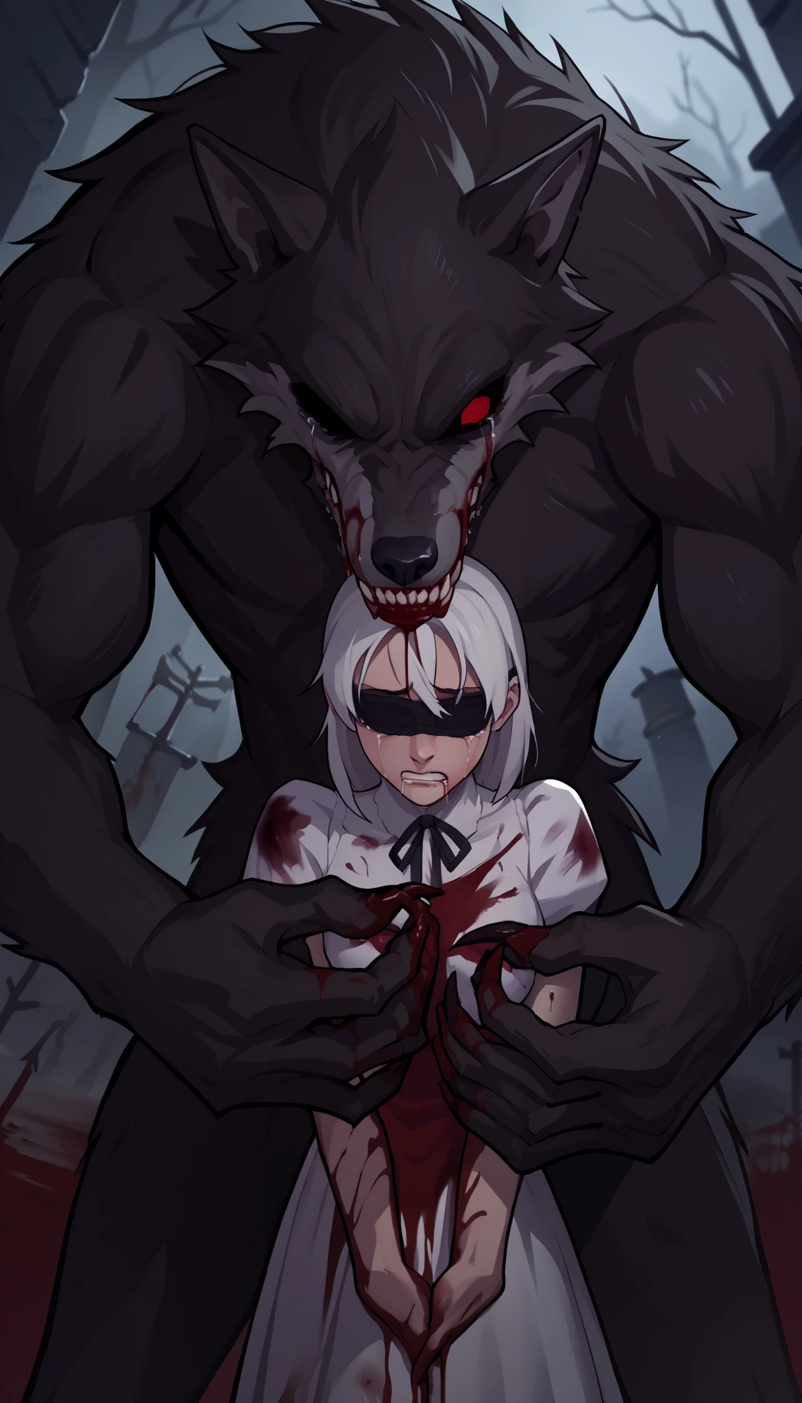 (zPDXL2), (PonyXLV6_Scores), source_anime, source_anthro, source_furry, rating_questionable, Expressiveh, asymmetric image, BREAK
lhata4564, duo, (werewolf, (bleeding, injuried, covered in blood:1.35), covering girl with self, werewolf pierced with arrows) , BREAK
(Nataly, blind girl, wearing peasant dress and blindfold, crying) 