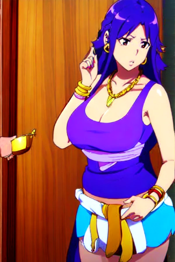 Asuna yuuki,purple hair,big breast,cleavage,brown eyes,Thick lips,puckered lips,tanned Brown  skin,Curvy figure,Gold chain necklace,((Hoopa earring)),long nail,Hoopa bracelet,Curly messy hair,hotpants,Tank top,Hair behind ear,Hime cut bang hair