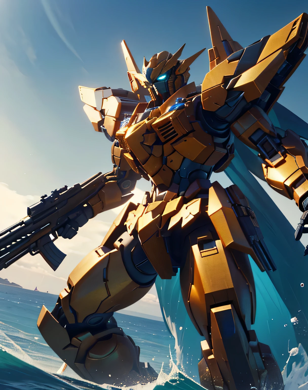 ((masterpiece, Best Quality)), (( dynamic movement,  holding a gun with raised arms, Lifting one leg)), (giant golden robot, Blue Chest, angular armor), ( rendered in Unreal Engine 5 , Black Octane Rendering, Super detailed with octane rendering ,  rendered with 8K Unreal Engine ,  rendered with Unreal Engine 6 ,  high detail iconic characters ,   8k octane rendering photorealistic,  Unreal Engine 5 Render ,  rendered in Unreal Engine 5 , Detailed images, Ultra-precision), metallic, My eyes are glowing green, ((sea, Wave, Lots of water splashes: 1.5, Multiple spherical flying objects )), (straight-on: 2.0), EdobLandscapeAlpha, (32K,  Ultra High Definition), Nijimecha, Symmetrical head , (view from front),  don't look at me, ((absract art)), I'm holding a huge gun, (face focus: 2.0, extreme closeup: 1.5)