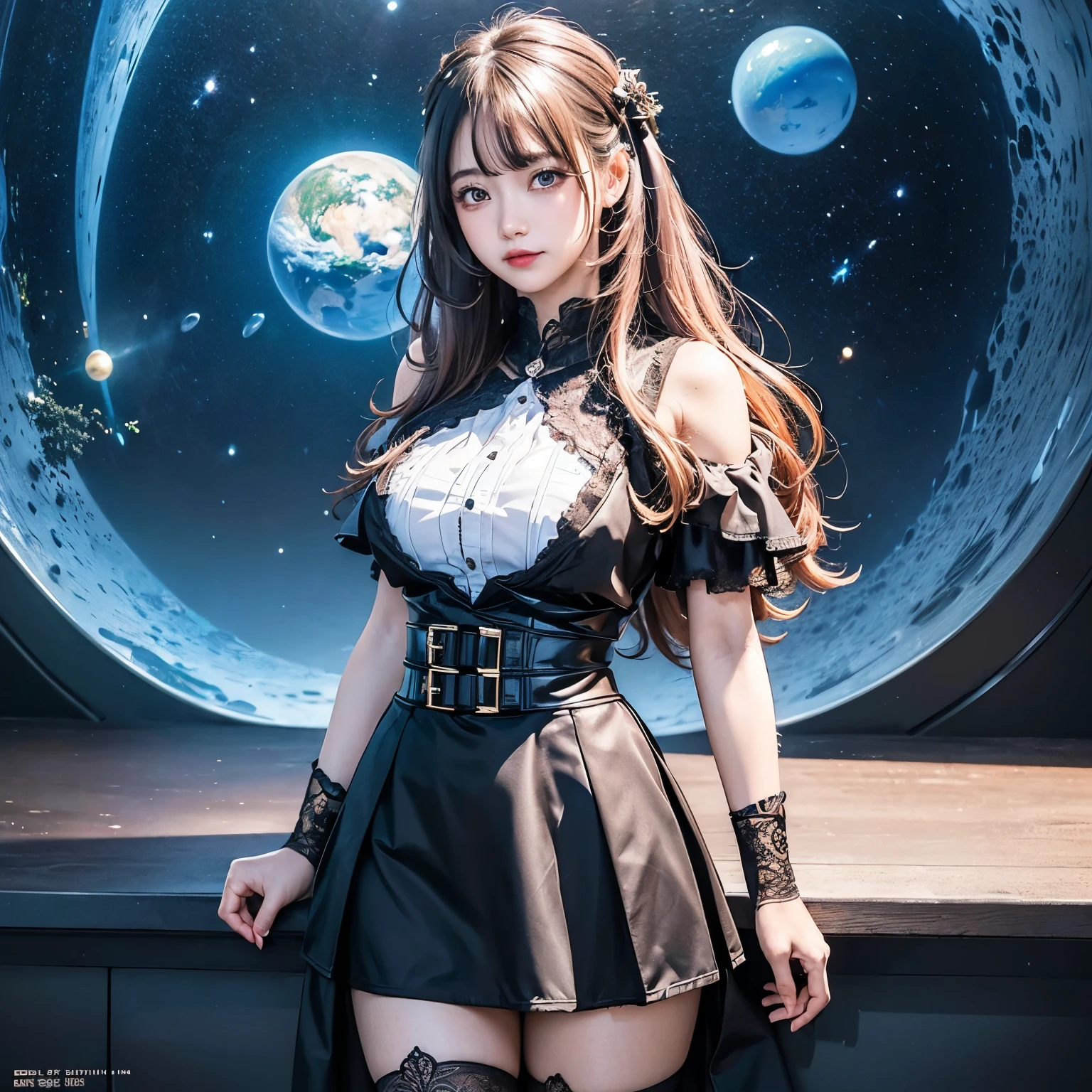 Best Quality, Detailed, 4K, Raw photo, masutepiece, Detailed face,, Stars, Planets, Galaxy, spaces,, Photo of Enisemar flying in space, Blue hair, Bangs, Long hair, Looking at Viewer,