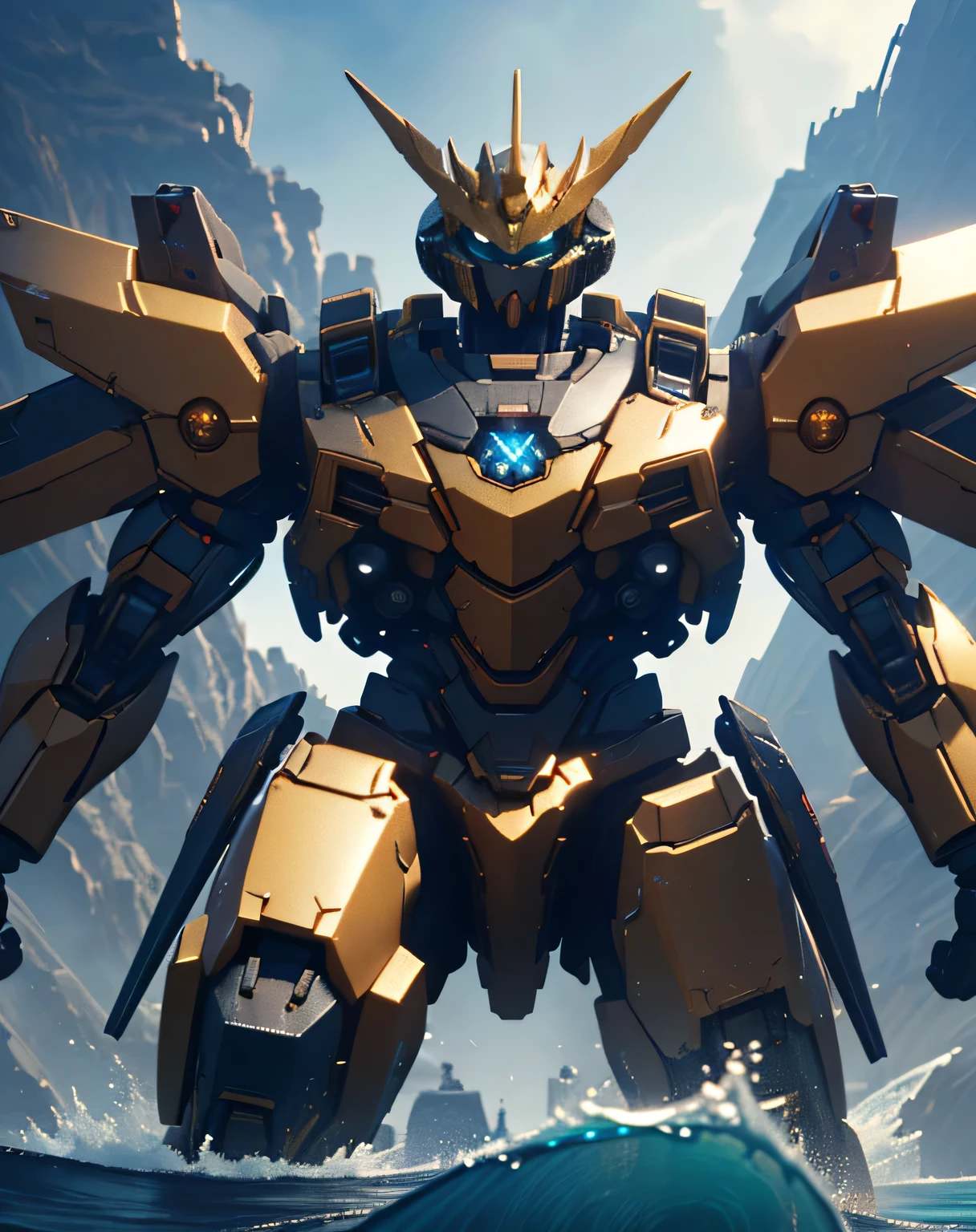 ((masterpiece, Best Quality)), (( dynamic movement,  holding a gun with raised arms, Lifting one leg)), (giant golden robot, Blue Chest, angular armor), ( rendered in Unreal Engine 5 , Black Octane Rendering, Super detailed with octane rendering ,  rendered with 8K Unreal Engine ,  rendered with Unreal Engine 6 ,  high detail iconic characters ,   8k octane rendering photorealistic,  Unreal Engine 5 Render ,  rendered in Unreal Engine 5 , Detailed images, Ultra-precision), metallic, My eyes are glowing green, ((sea, Wave, Lots of water splashes: 1.5, Multiple spherical flying objects )), (straight-on: 2.0), EdobLandscapeAlpha, (32K,  Ultra High Definition), Nijimecha, Symmetrical head , (view from front),  don't look at me, ((absract art)), I'm holding a huge gun, (face focus: 2.0, extreme closeup: 1.5)