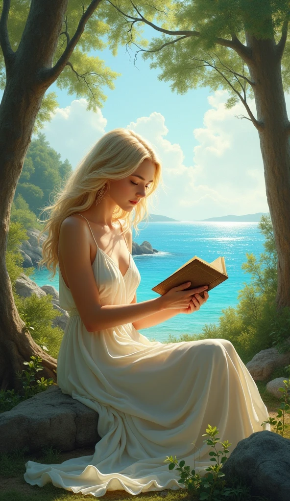 Woman with long light blond hair in a long white dress, of coasts ...