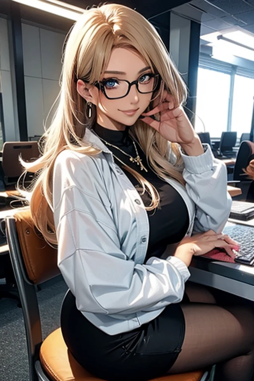 masterpiece,best quality,ultra highres,8k resolution,realistic,ultra detailed,sharp focus,RAW photo,1girl,solo:1.5,1shot:1.3,
beautiful lady,large breasts,Small waist,complete body,
office uniform,
jacket,cropped shirt,pencil skirt,(pantyhose),high heels,
break,japanese lady,gravure,
1girl,good hand,blonde long hair,deep makeup,glasses,necklace,earrings,(sapphire eyes),evil smile,break,(Sitting cross-legged on a chair),(from bellow),