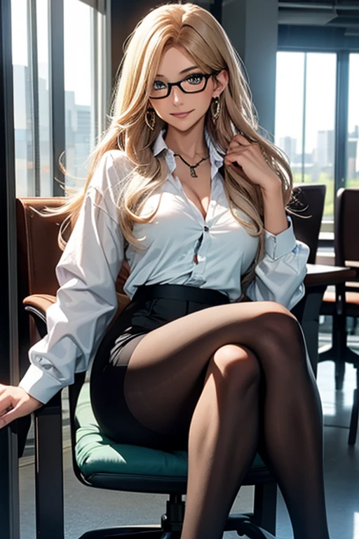 masterpiece,best quality,ultra highres,8k resolution,realistic,ultra detailed,sharp focus,RAW photo,1girl,solo:1.5,1shot:1.3,
beautiful lady,large breasts,Small waist,complete body,
office uniform,
jacket,cropped shirt,pencil skirt,(pantyhose),high heels,
break,japanese lady,gravure,
1girl,good hand,blonde long hair,deep makeup,glasses,necklace,earrings,(sapphire eyes),evil smile,break,(Sitting cross-legged on a chair),(from bellow),