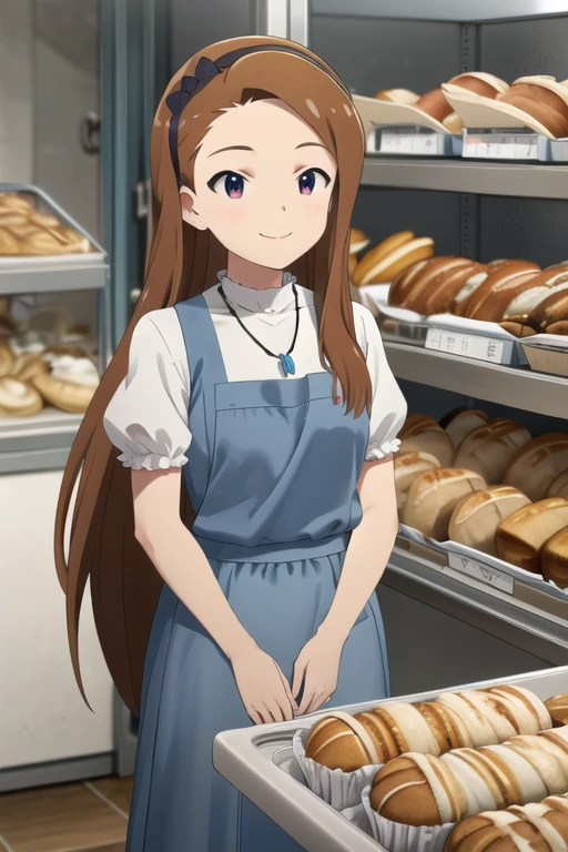 masterpiece, Best Quality,  Hi-Res,  Kobeya uniform, blue skirt, Blue Necklace, gingham apron, Bakery,  cinematic angles, Looking Ahead, smile,,  hair bow