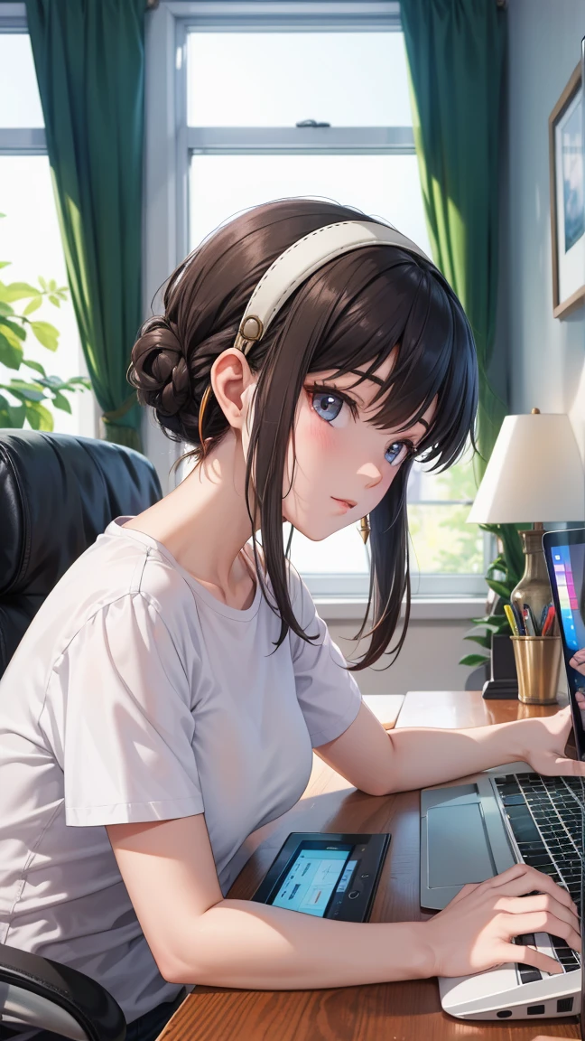 a picture of this is a picture of a girl using a laptop, mouse (computer), 1girl, computer, keyboard (computer), monitor, shirt, solo, censored, breasts, white shirt, laptop, indoors, black hair, cup, short sleeves