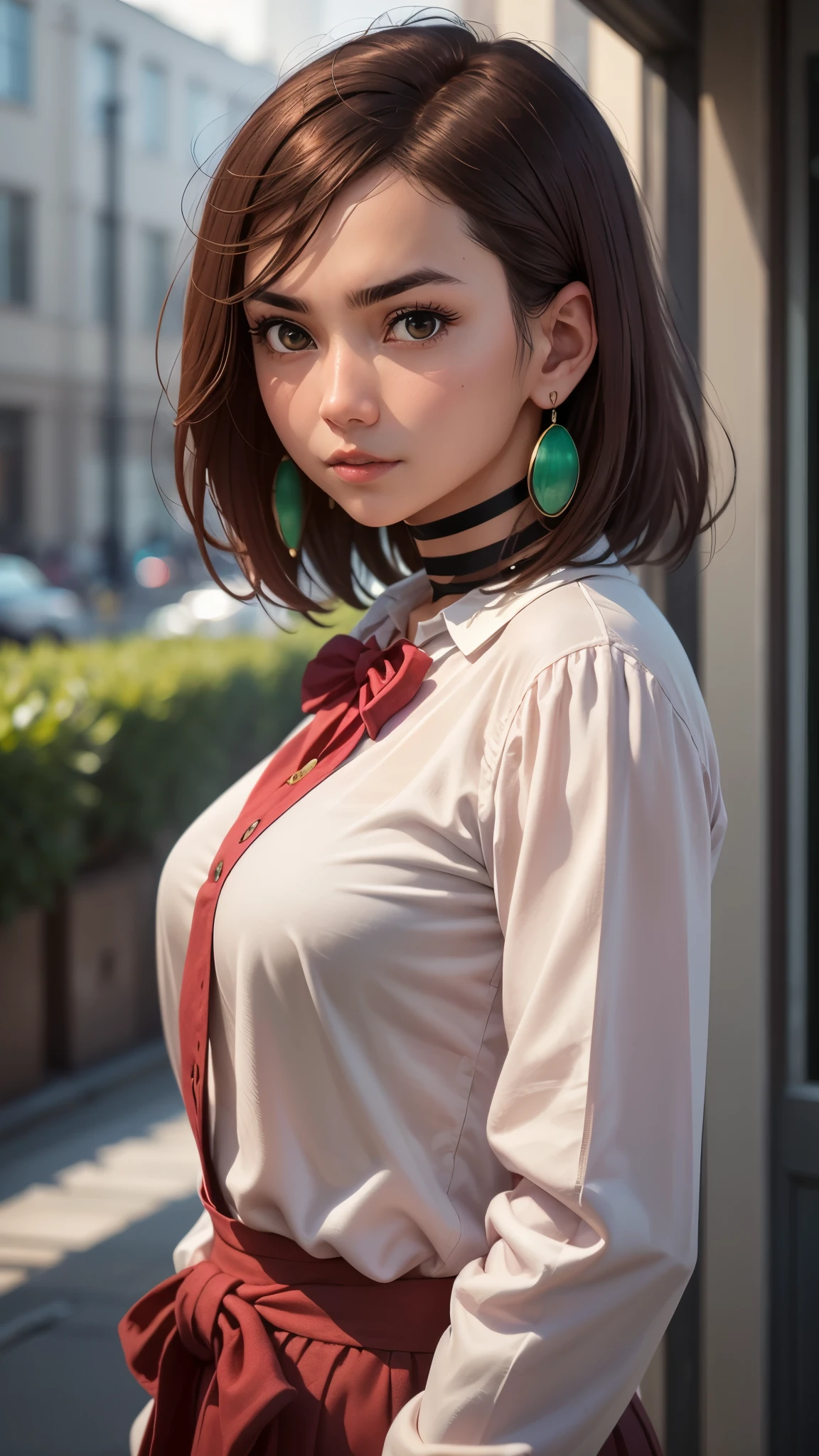 a young woman (Ayase, Momo, Dandadan) stands in the center of the frame, facing the viewer, she has brown hair cut into a short bob and is wearing a white shirt with a large red bow tie and a black choker around her neck, her brown eyes are looking directly at the viewer with a neutral expression, she is adorned with large green earrings that catch the light, the background features a blurred view of a building with large windows and greenery, suggesting an outdoor setting, the overall atmosphere is serene and introspective, focusing on the subject's delicate features and subtle expression