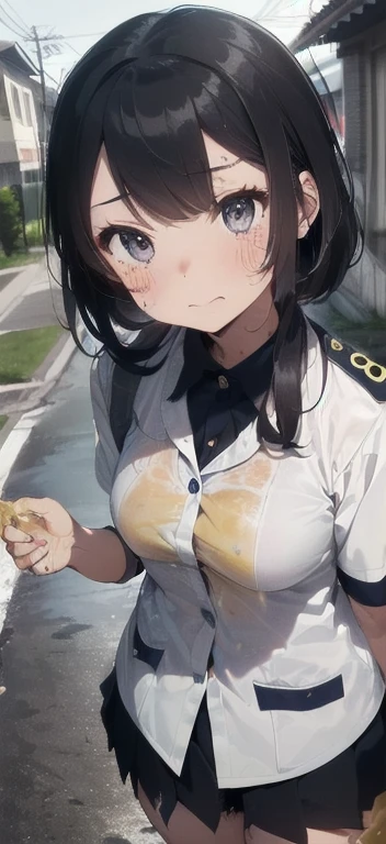 1girl solo, huge breast, (black short hair:1.3), (bangs:1.3), blue eyes, police uniform, officer cap, necktie, long sleeve, double breasted, partially submerged, in mud, flooding up to the chest, upper body, raised eyebrows, :o, (jungle:1.3), from above, hands down, (blush:1.3),
