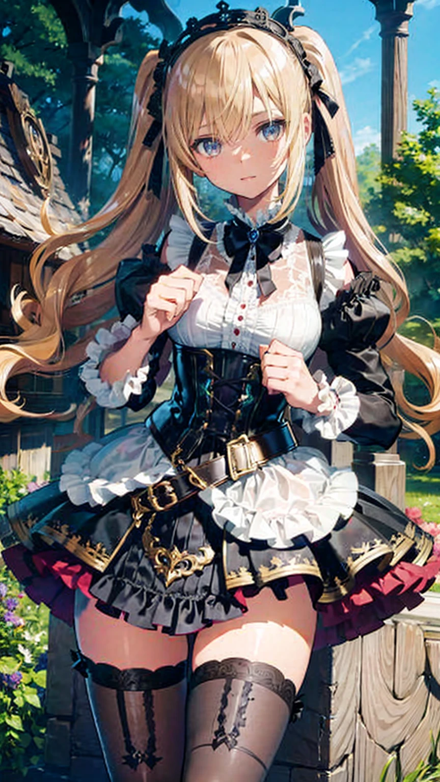 (((gothic))),  A young woman stands among elaborate decorations 、 captivating scene  , she was adorned with hair accessories、she is medium length,  wavy golden hair..。.。Super mini skirt with frills, sheの表情は自然だ,  calm expression. she wore a frilly-sleeved miniskirt and a tight corset....、she&#39;  wears a gorgeous off-the-shoulder white dress  。,  creates a whimsical and romantic atmosphere  . sheのポーズはリラックスしている,  rear view of posture、she is lifting her skirt with both hands。  white panties visible  。 camel toe 、 そしてsheは&#39;Turn slightly to the side,  rear view of posture、It gives me a sense of contemplation and introspection . The background is vivid, Blooming flowers and intricate designs,  is whimsical and creates a romantic vibe  . 背後から差し込む自然光がsheの周りに柔らかな輝きを放つ...., The delicate details of the costume、Enhance the vibrant colors of the landscape.  I wear black stockings with delicate shoes  ...., Taking the audience into a dream world.  A woman standing in a courtyard wearing a dress and boots , (((watercolor))), Anime with beautiful animated art  , Anime with beautiful animated art  work, Kschat Krentz Key Art Feminine, Gway's , Anime Art Nouveau, Detailed Key Anime Art, Anime full body illustration, barrel ,  Pixiv Digital Art,  Beautiful fantasy anime 
