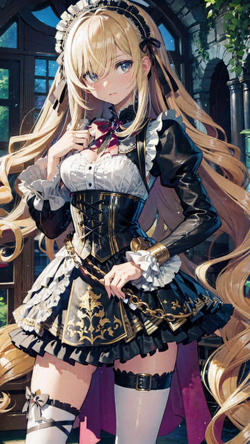 (((gothic))),  A young woman stands among elaborate decorations 、 captivating scene  , she was adorned with hair accessories、she is medium length,  wavy golden hair..。.。Super mini skirt with frills, sheの表情は自然だ,  calm expression. she wore a frilly-sleeved miniskirt and a tight corset....、she&#39;  wears a gorgeous off-the-shoulder white dress  。,  creates a whimsical and romantic atmosphere  . sheのポーズはリラックスしている,  rear view of posture、she is lifting her skirt with both hands。  white panties visible  。 camel toe 、 そしてsheは&#39;Turn slightly to the side,  rear view of posture、It gives me a sense of contemplation and introspection . The background is vivid, Blooming flowers and intricate designs,  is whimsical and creates a romantic vibe  . 背後から差し込む自然光がsheの周りに柔らかな輝きを放つ...., The delicate details of the costume、Enhance the vibrant colors of the landscape.  I wear black stockings with delicate shoes  ...., Taking the audience into a dream world.  A woman standing in a courtyard wearing a dress and boots , (((watercolor))), Anime with beautiful animated art  , Anime with beautiful animated art  work, Kschat Krentz Key Art Feminine, Gway's , Anime Art Nouveau, Detailed Key Anime Art, Anime full body illustration, barrel ,  Pixiv Digital Art,  Beautiful fantasy anime 
