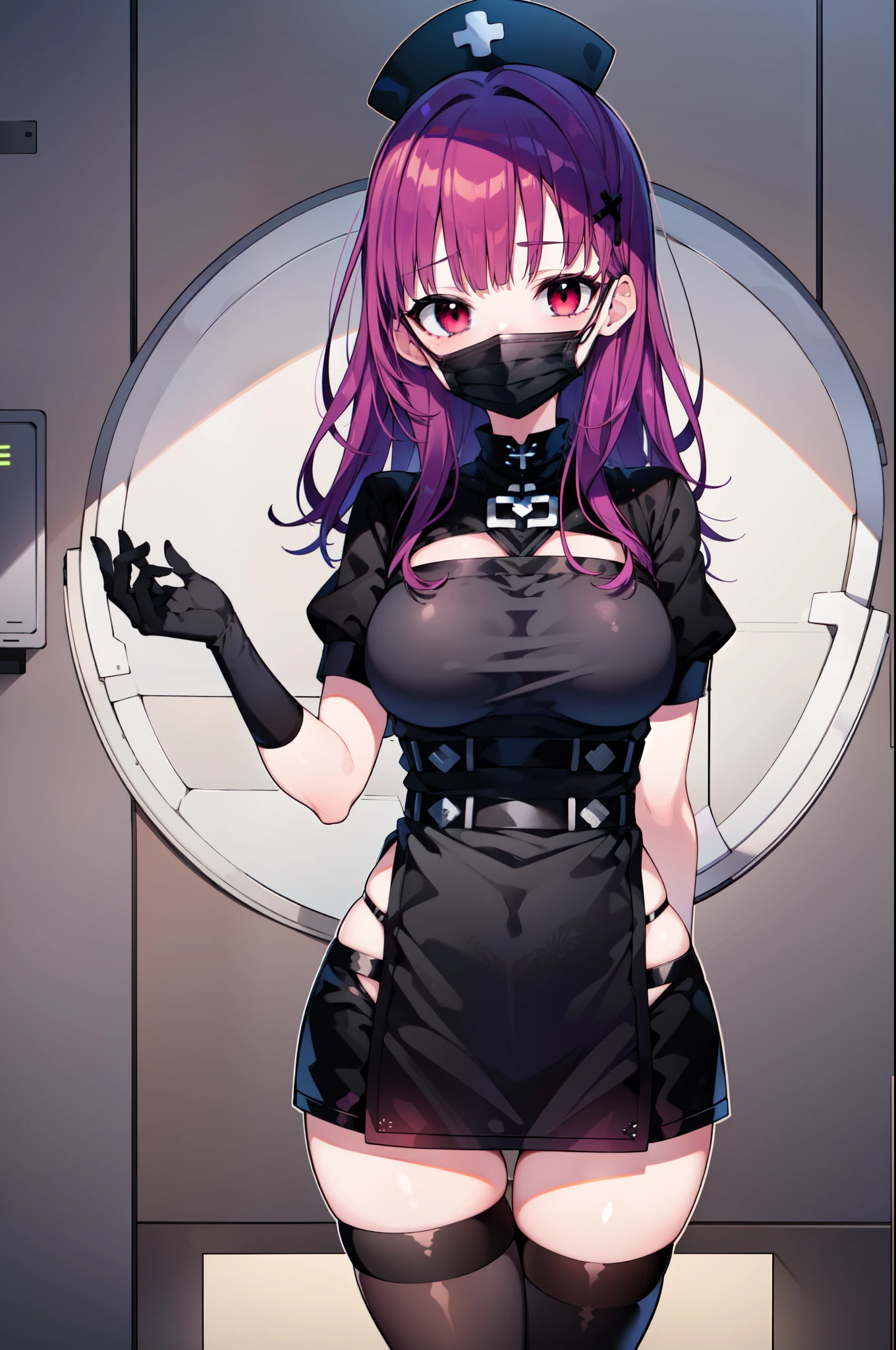 black nurse, 1woman, solo, black nurse cap, black nurse uniform, ((black legwear, zettai ryouiki)), black elbow gloves, long hair, purple hair, red eyes, ((black surgical mask, covered nose)), standing, ((surgery room)), sharp outline, short sleeves, mature female, 35yo, best quality, masterpiece