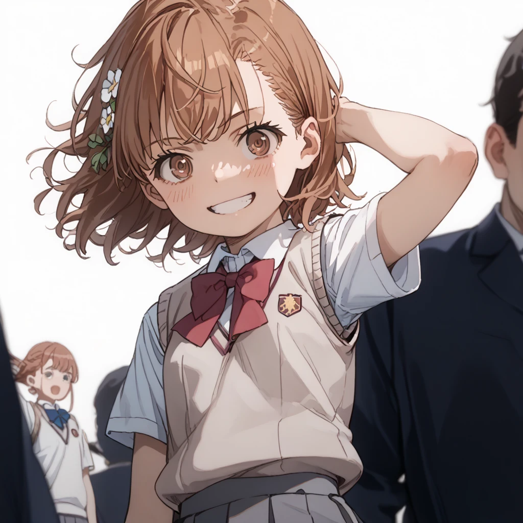 score_9, score_8_up, score_7_up,masterpiece,top_quality,source_animation,real_rated_exposure,super_detailed_face,super_detailed_eyes,abuse,sinosure_style,flat_color,dark_Theme,rated_gross,

mikoto misaka, short hair, brown hair, hair ornament, hair flower, brown eyes, skirt, shirt, school uniform, white shirt, short sleeves, pleated skirt, grey skirt, sweater vest, tokiwadai school uniform, raise one arm、Thumb up 、smile, 

Whitebackground