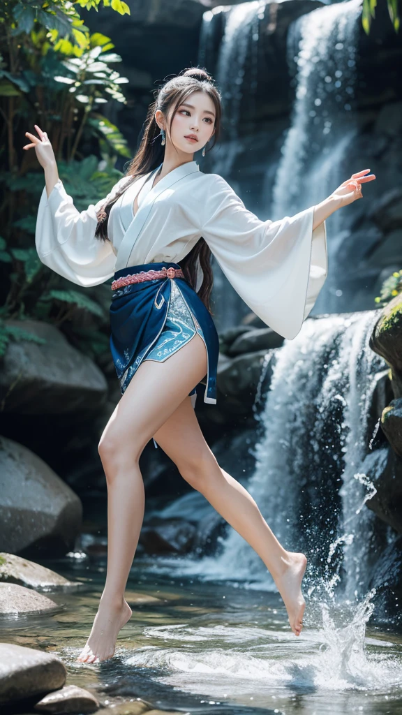 Splitting characters is prohibited，(Full body shot:1.3), Must show your face, anatomy correct, Dance on the hilltop steppe，The breath of nature，Polished pointed-toe heels must be worn,Patterned over-the-knee socks are mandatory， Keep your feet off the ground，Colorful Chinese pattern Hanfu， A shallow laugh, Complex and diverse backgrounds，Strangling effect,hyper HD, Ray traching, structurally correct, Award-Awarded, high detal, lightand shade contrast, Face lighting，cinmatic lighting, tmasterpiece, super detailing, high high quality, high detal, best qualityer, 16k