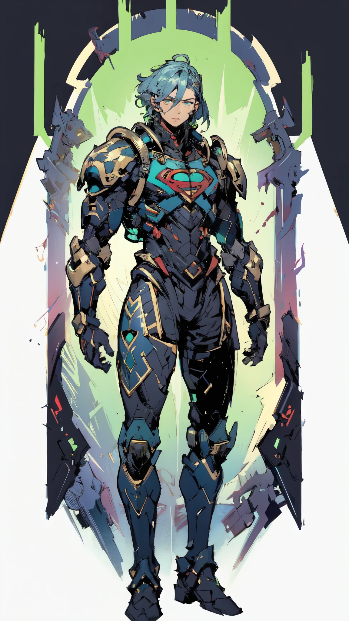 (masterpiece:1.5, best quality:1.5, extremely delicate:1.5), ((male:1.5)), a man wearing a full-face helmet, green eyes, fantasy-style high-tech biomimetic armored combat suit, (a composite layered chest armor), the design balances heavy with agility, fully enclosed shoulder guards, matching arm and leg guards, a belt of gemstone, (the color scheme is primarily Green with Scarlet and White accents, Organic Biotech, Concept Inspired by Superman, glowing eyes, armor glows, stand of a futuristic sci-fi city), this character embodies a finely crafted fantasy-style armored hero in anime style, exquisite and mature art style, metallic, high definition, highres, ultra-detailed, ultra-fine painting, professional, perfect body proportions, golden ratio, anatomically correct, symmetrical face, extremely detailed eyes and face, high quality eyes, creativity, RAW photo, UHD, 32k, Natural light, cinematic lighting, masterpiece-anatomy-perfect