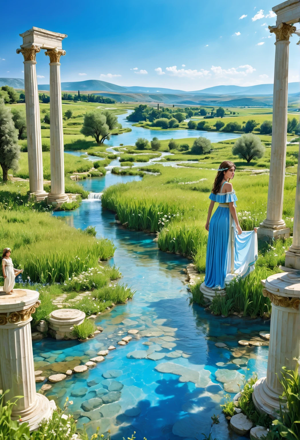Very best quality, vibrant brilliant realmasterpiece , a very retro vintage kinda look feel 8K,High HD,higher rselutionHigh quality very anime semi realism In Ancient classical Athens Show a young strong powerful looking handsome youvng man a yoing very lovely woman in ancient classical greek dress fashions that is loose cooling flowy kinda thin almost filmy and in pastels and vibrant bright colors very greek very classical old ancient world look feel intricate somewhaty elaborate detaile defined looking whole pi ece elegant beautiful looking in a Ancient Athens greek gaarden or parklike settins
