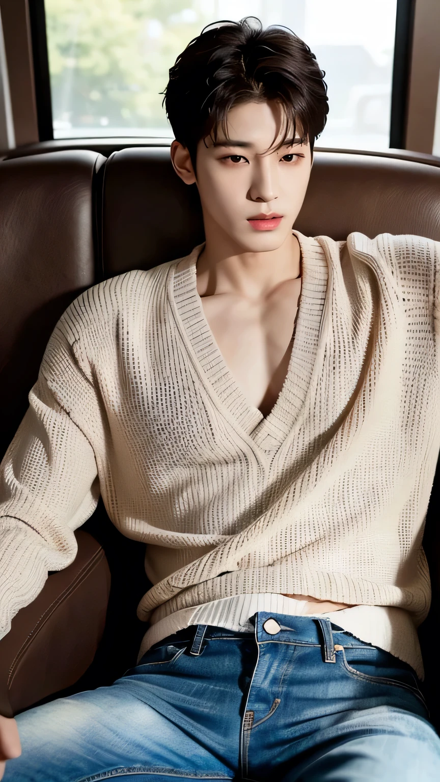 Model Description: Wonoo Seven,A young, athletic Korean male model in his mid-20s with short, styled black hair that is slightly tousled. His features are sharp, with high cheekbones, a defined jawline, and expressive dark brown eyes. He has a lean, muscular build with defined arms, shoulders, and chest, complemented by clear, warm-toned skin.
Subject: Model reclining in his seat, head resting on the seat back, eyes closed.
Details: Wearing a casual sweater, showing neckline, with relaxed jeans.
Environment / Background: Vintage train seat with rich upholstery.
Lighting: Soft, natural light, creating a cozy, peaceful atmosphere.
Style: Editorial, focused on relaxation and comfort.
Mood / Atmosphere: Calm, serene.
Camera Angle: Close-up capturing his relaxed expression.
Quality & Resolution: 4K.
Other Specifics: Soft focus on background for depth.
