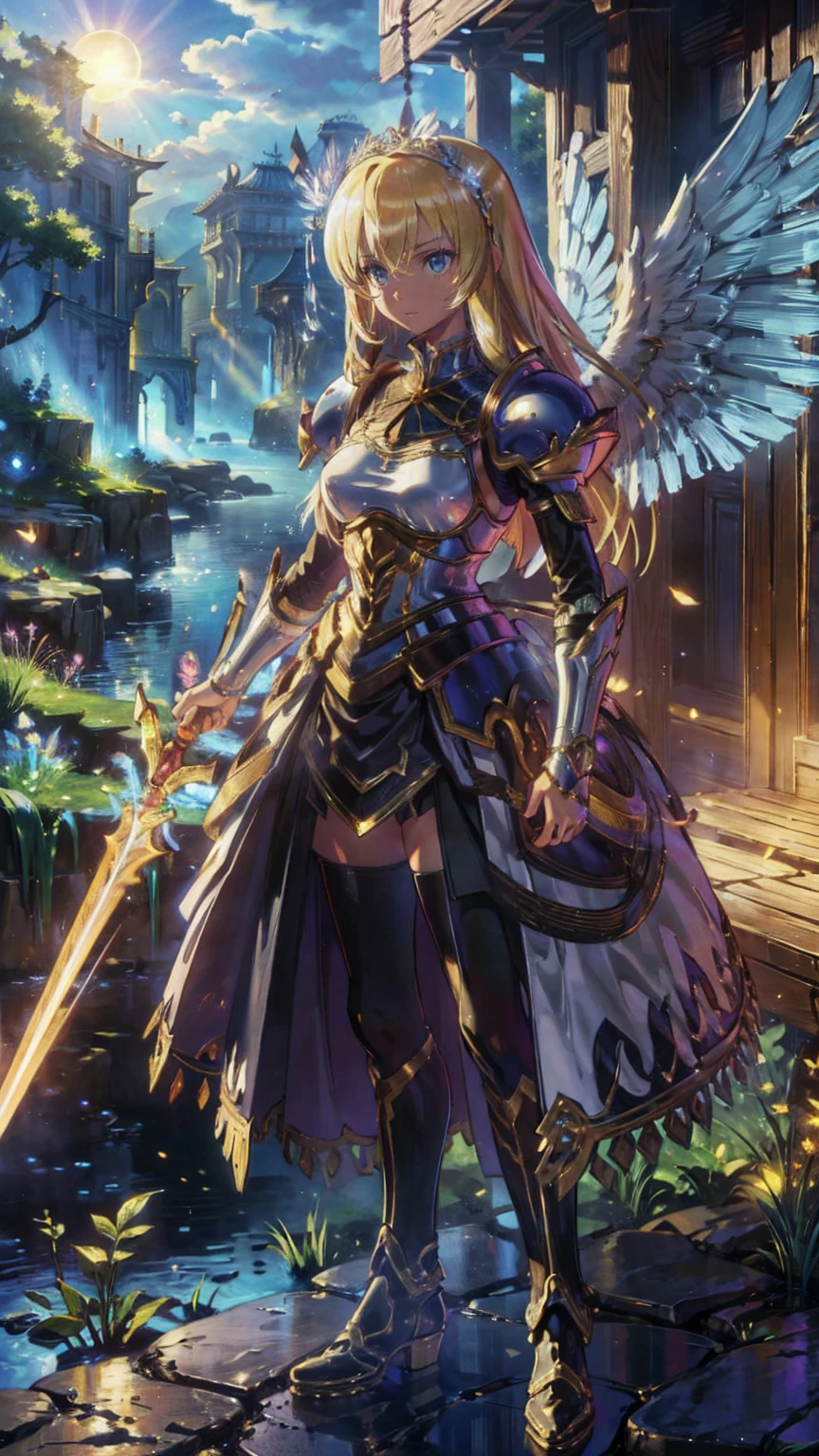 Arafed, dnd Art,  Female Aashimah , (masterpiece  intense detail ), Paladin, Holy Warrior , whole body,  big angel wings,  White Angel Wings Spread  (masterpiece  intense detail ),   Fantasy Temple Background  ,  16k, Super detailed, masterpiece, Best Quality, ( Extremely detailed),   Panoramic View,  moon light, moon, star, cloud,  wears white armor  (masterpiece,  intense detail : 1.3),  Wearing High Heeled Boots, Shining Sacred Symbol ,  Equipped with a Shining Sword , Blonde, Ultra-feminine, The most detailed face, (masterpiece  Best Quality: 1.3),  anatomically accurate  (masterpiece ,  intense detail : 1.5), The face of determination, god rays,  Movie Lighting, Shining Light,  silhouette, From the outside,  photorealism,  Panoramic View (masterpiece 1.3,  intense detail ) , Wide angle, 16k,  Hi-Res, Best Quality,   high detail ,  dark fantasy 