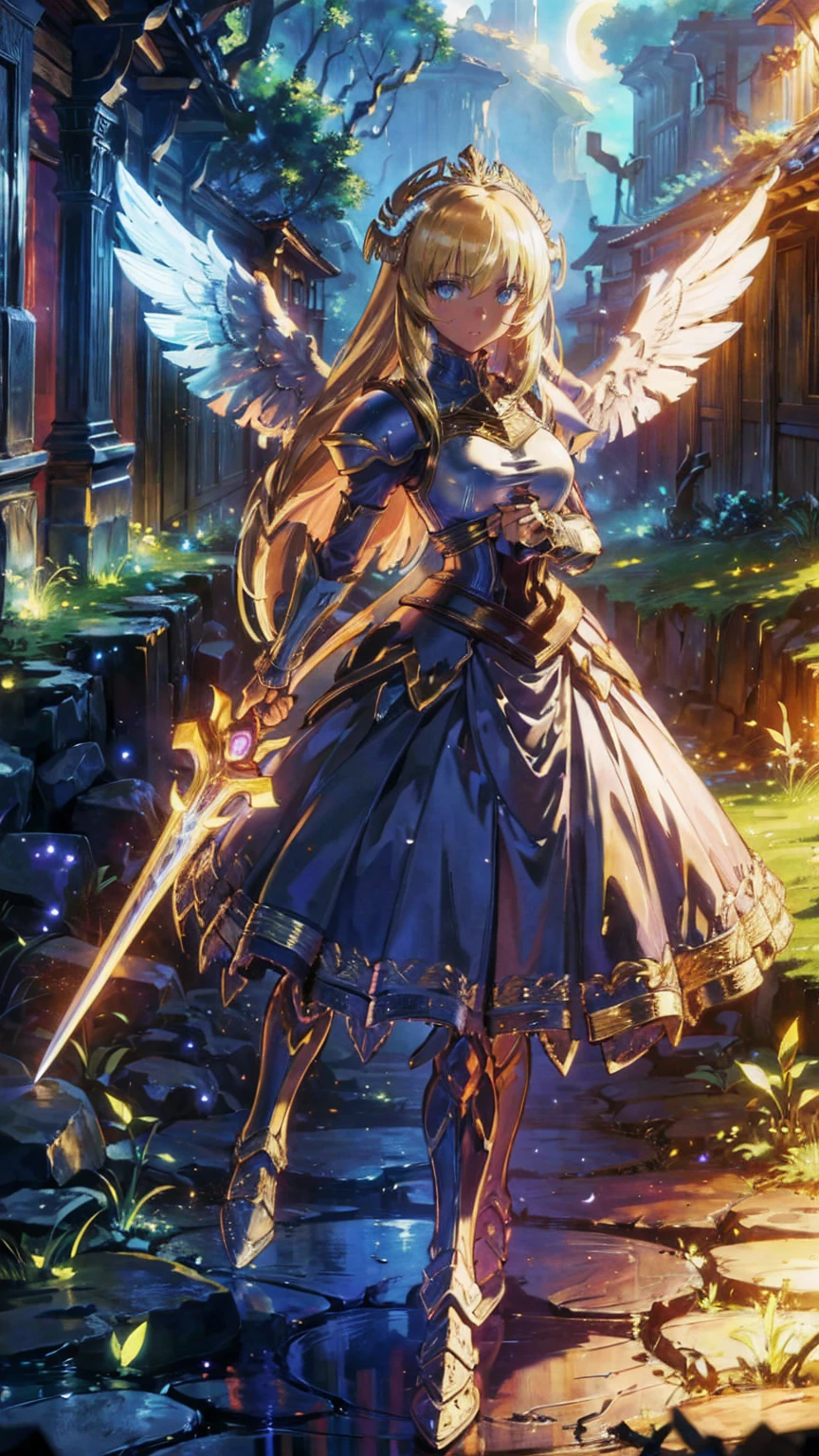 Arafed, dnd Art,  Female Aashimah , (masterpiece  intense detail ), Paladin, Holy Warrior , whole body,  big angel wings,  White Angel Wings Spread  (masterpiece  intense detail ),   Fantasy Temple Background  ,  16k, Super detailed, masterpiece, Best Quality, ( Extremely detailed),   Panoramic View,  moon light, moon, star, cloud,  wears white armor  (masterpiece,  intense detail : 1.3),  Wearing High Heeled Boots, Shining Sacred Symbol ,  Equipped with a Shining Sword , Blonde, Ultra-feminine, The most detailed face, (masterpiece  Best Quality: 1.3),  anatomically accurate  (masterpiece ,  intense detail : 1.5), The face of determination, god rays,  Movie Lighting, Shining Light,  silhouette, From the outside,  photorealism,  Panoramic View (masterpiece 1.3,  intense detail ) , Wide angle, 16k,  Hi-Res, Best Quality,   high detail ,  dark fantasy 