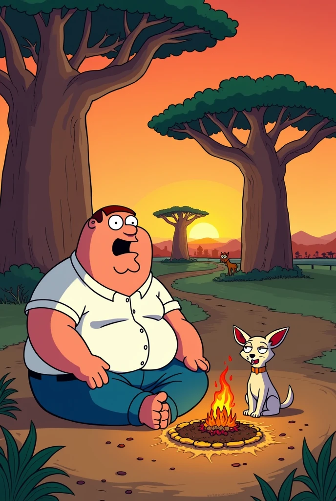 an athletic man sitting calmly by the lake watching the sunset. The man has a black dog and looks dangerous and wears a cap, a black Nike tracksuit and a black fanny pack. He is smoking a joint while sitting on a bench. The image is in the style of Family Guy