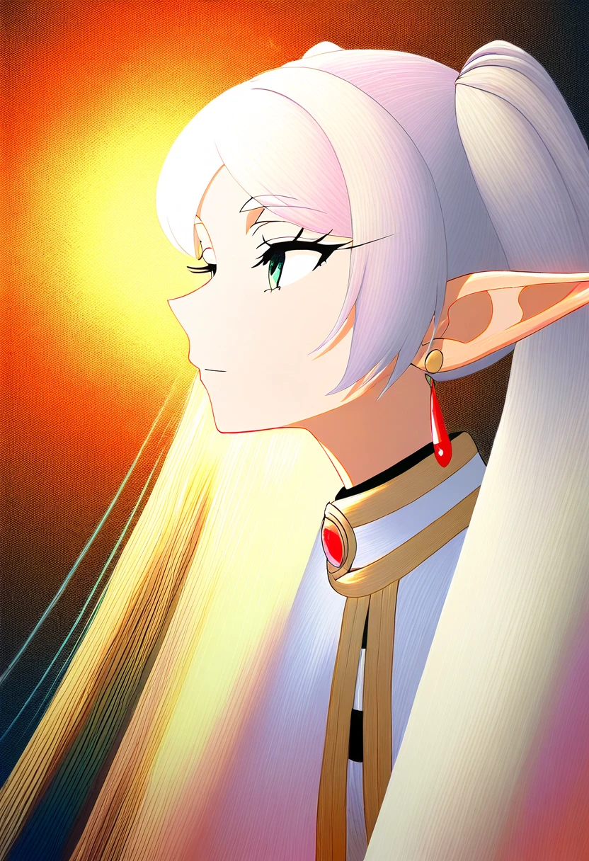 Create a close-up portrait of an ethereal elven girl with white hair styled in twin tails, inspired by the character Frieren. Her expression is serene, with her eyes gently closed, as though in deep thought or meditation. Surround her head are vibrant, glowing splashes of orange and golden light, like magical energy radiating around her. The colors and textures are painterly, with the warm hues of light contrasting against the deep, cool tones of her skin and the background. The atmosphere is mystical, capturing an elegant, otherworldly beauty in an abstract, dreamlike style.
