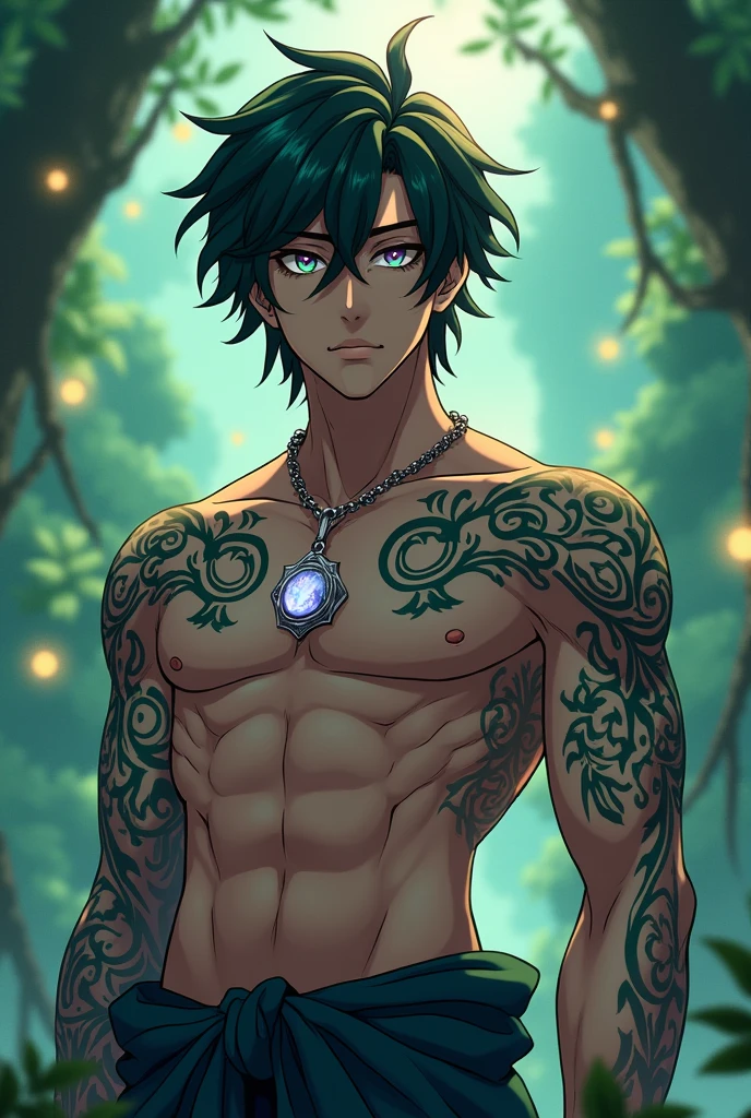 Sexy shirtless Anime male with black hair wolf ears and glowing blue eyes and piercings in forest