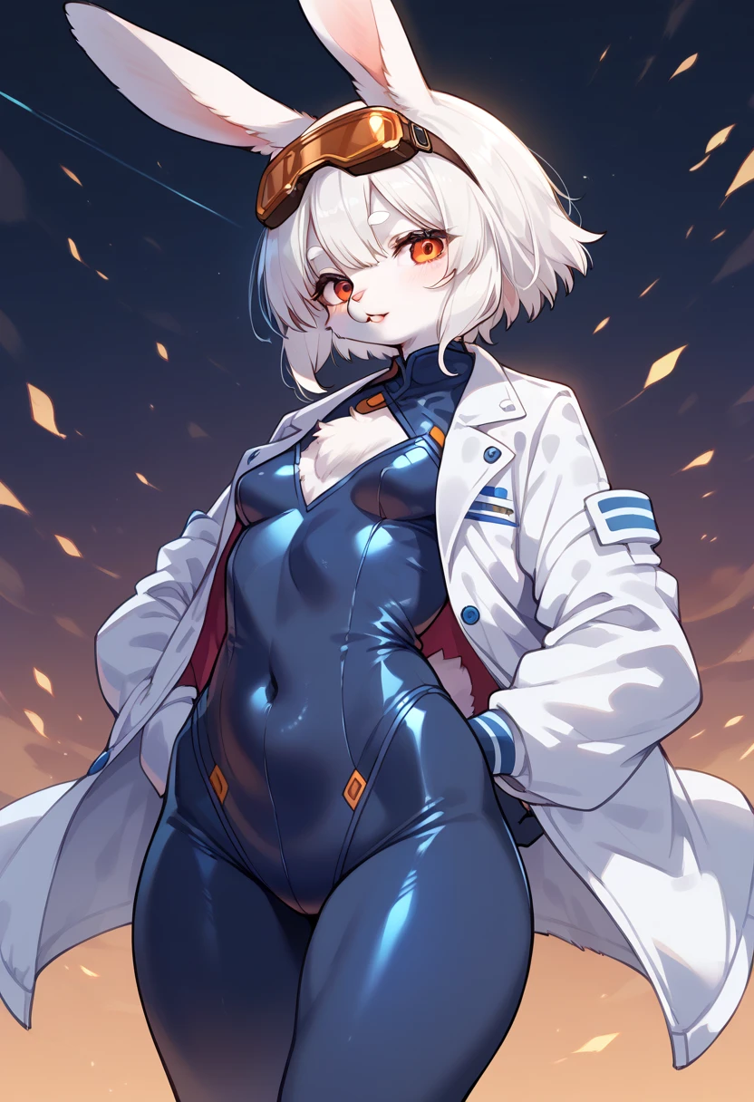 score_9, score_8_up, score_7_up, score_6_up, score_5_up, score_4_up, source_anime, best quality, amazing quality, very aesthetic, absurdres, 1girl, (furry, kemono:1.3), rabbit, rabbit girl, rabbit ears, white hair, parted lips, breasts, short hair, small breasts, lips, bodysuit, jacket, long sleeves, goggles, science fiction, solo, open clothes, cowboy shot, white jacket