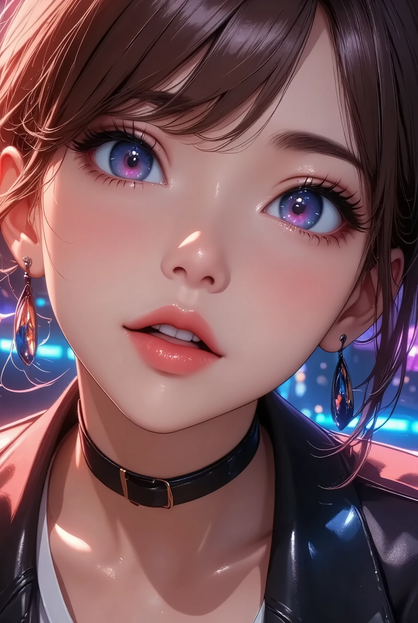 大きく open your mouth蕩ける様な顔で見上げる少女のフェイスクローズアップ, obscene, Alluring, (( open your mouth, Sigh:1.2)),  Women with Impressive Beautiful Eyes :1.2,  beautiful eye for detail, Beautiful Detailed Lips ,  highly detailed eyes and faces,  long eyelashes , Detailed lighting and shadows ,  Anime Style :1.2,  photorealistic, 8k,  Hi-Res, Super detailed, masterpiece:1.4,  bright colors , Colorful stage lighting.