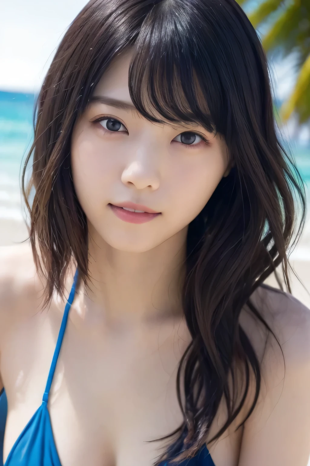 masterpiece、 for a white sci-fi outfit ,  ultra high resolution、8k，photograph、 1 girl, ( big breasts:1.0),  bright ,  blurry background, ( asymmetrical bang、 EXTRA LONG WAVY HAIR :1.5),   (Floating Hair:1.0)、（She is wearing a dark blue micro bikini）、 rainbow heterochromia 、Round face、Young Face、 natural makeup、 Gentle Smile 、Summer Sea、Summer sky、 beach 、Outdoor、She is sitting on a beach chair、She uses a computer to work
