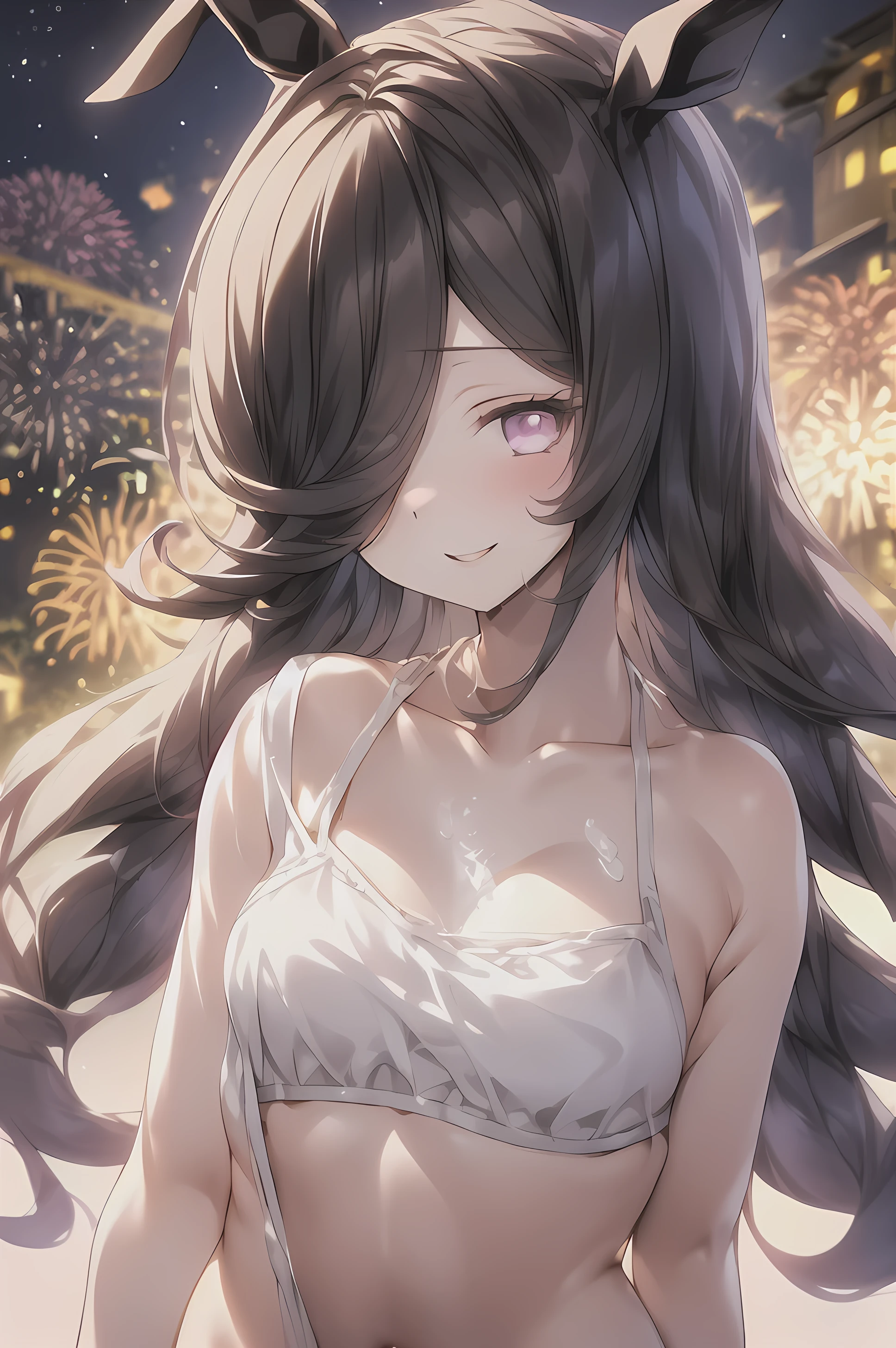 RiceShower,(masterpiece),illustration,(rice shower \(umamusume\)),brown hair,long hair,purple eyes,swept bangs,long bangs,long hair,small breast,hair covers right eye, fireworks, night sky, street, red kimono,holding fireworks, smile,looking at viewer, upper body,blur