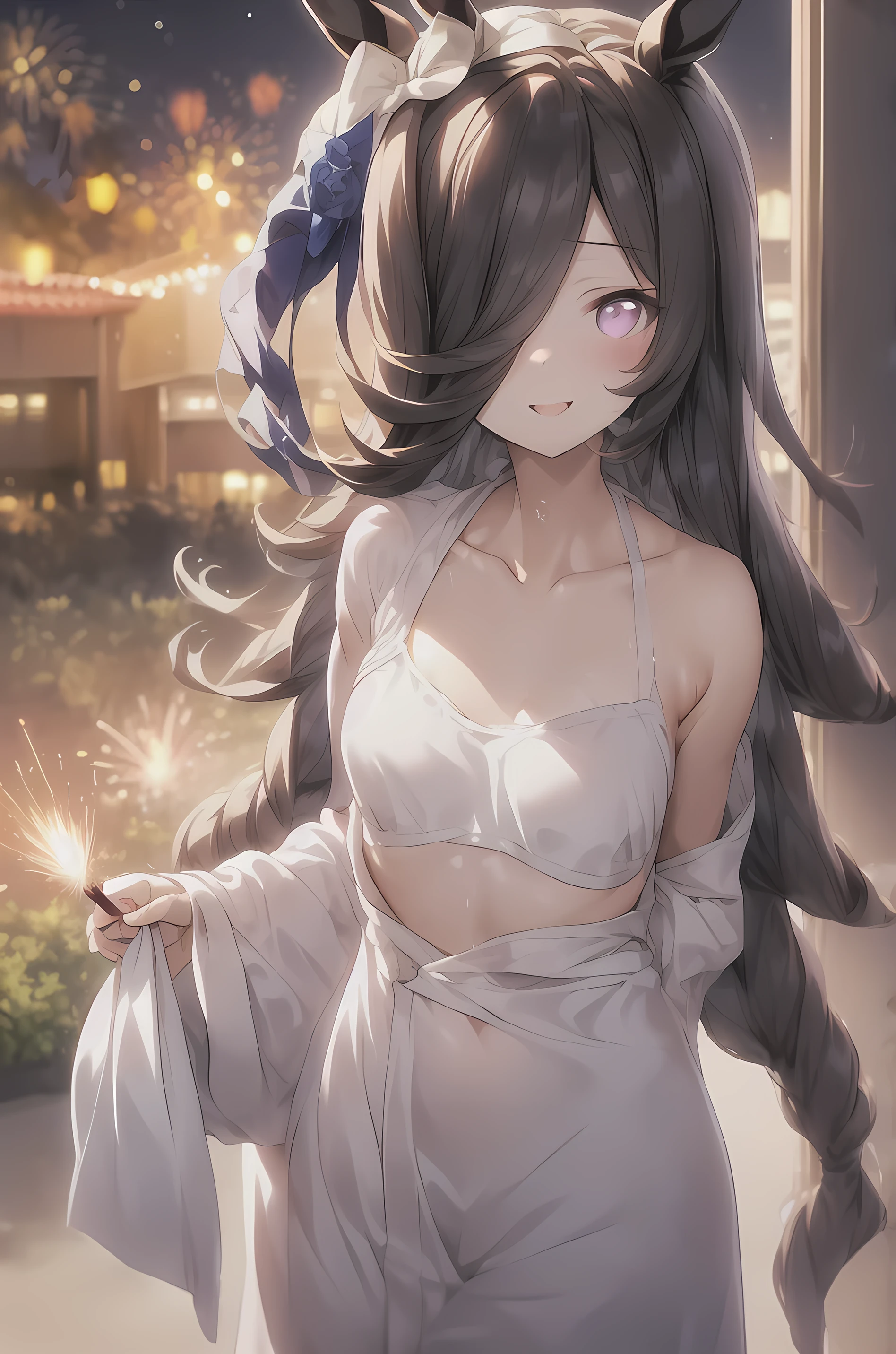 RiceShower,(masterpiece),illustration,(rice shower \(umamusume\)),brown hair,long hair,purple eyes,swept bangs,long bangs,long hair,small breast,hair covers right eye, fireworks, night sky, street, red kimono,holding fireworks, smile,looking at viewer, upper body,blur