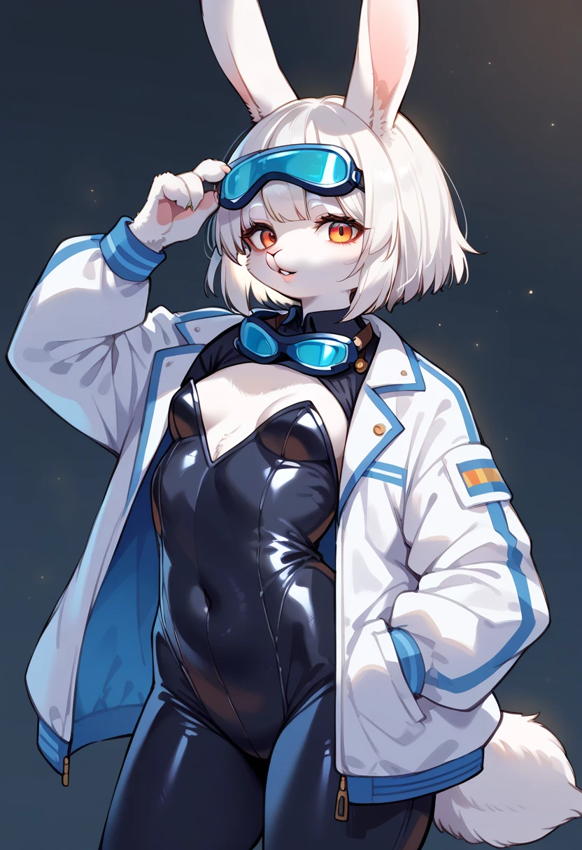 score_9, score_8_up, score_7_up, score_6_up, score_5_up, score_4_up, source_anime, best quality, amazing quality, very aesthetic, absurdres, 1girl, (furry, kemono:1.3), rabbit, rabbit girl, rabbit ears, white hair, parted lips, breasts, short hair, small breasts, lips, bodysuit, jacket, long sleeves, goggles, science fiction, solo, open clothes, cowboy shot, white jacket