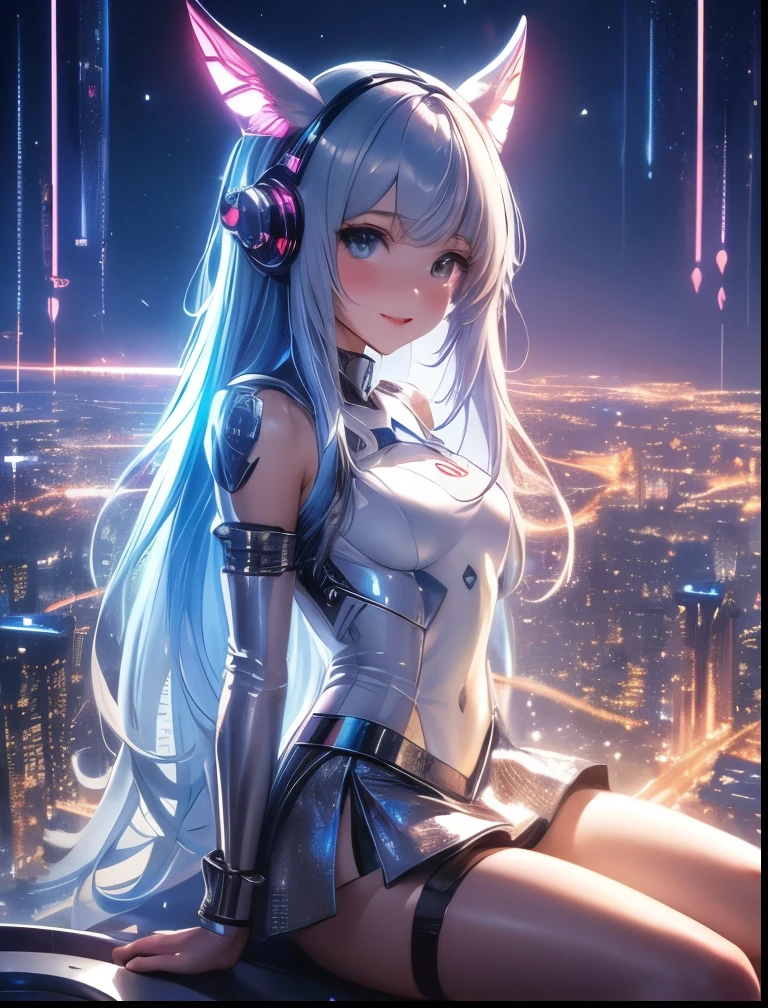 Anime girl with long hair and ears sitting on a ledge - SeaArt AI