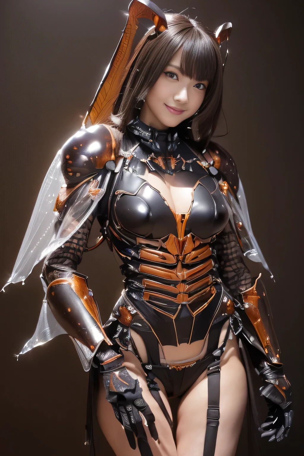 (high resolution,masterpiece,best quality,extremely detailed CG, anime, official art:1.4), realistic, photo, amazing fine details, all intricate, gloss and shiny,awesome many layers, 8k wall paper, 3d, sketch, kawaii, illustration,( solo:1.4), perfect female proportion,villainess, (fusion of dark brown cockroach and lady:1.4), (brown cockroach form lady:1.2), (brown cockroach lady:1.2), (fusion:1.2), (solo:1.4), (evil smile:1.2), muscular, abs, (cockroach brown exoskeleton bio insect suit:1.4), (cockroach brown exoskeleton bio insect armor:1.2), (brown transparency cockroach wing:1.4), (brown cockroach antennae:1.3),