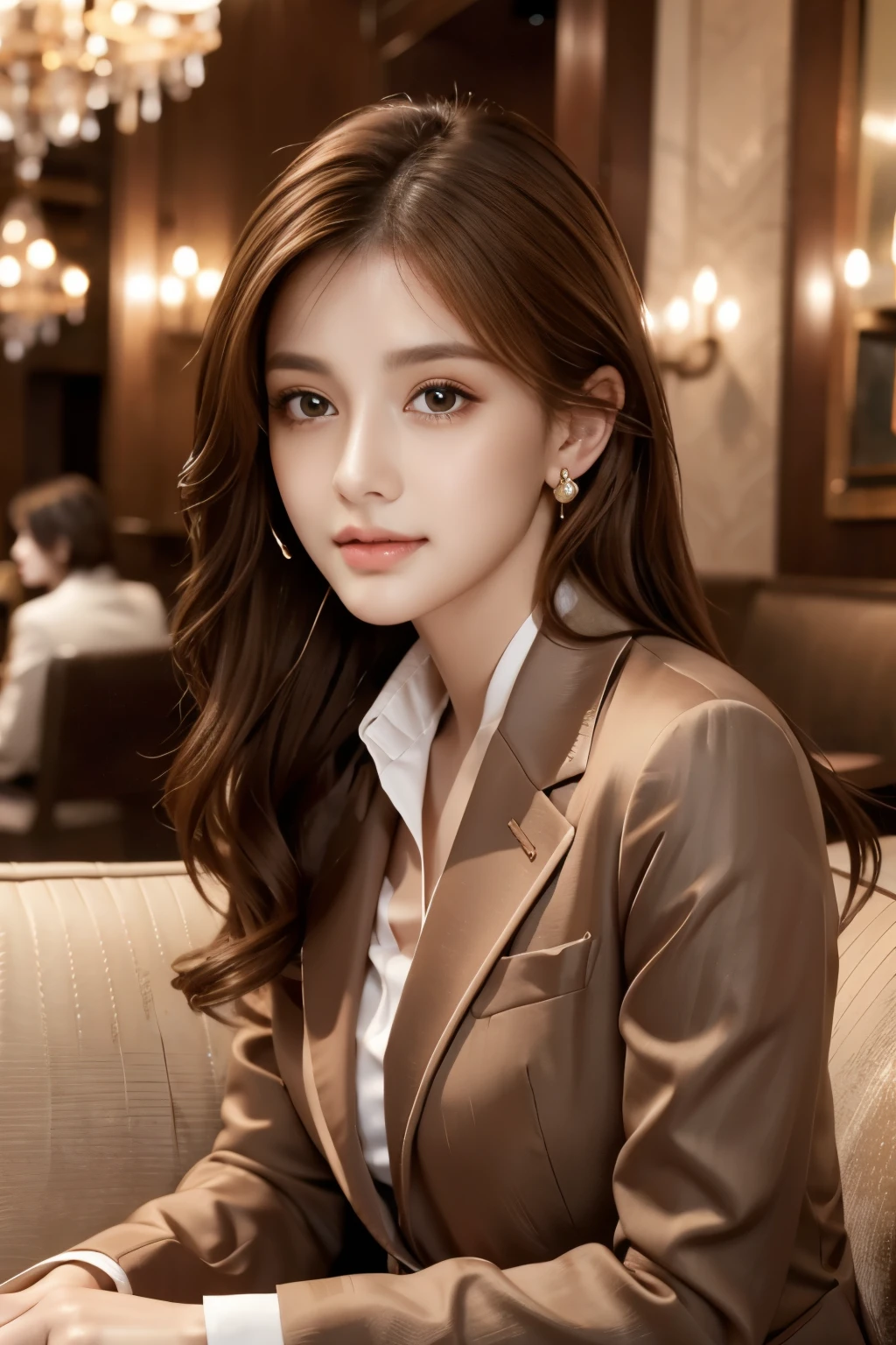 masterpiece, Highest quality, Realistic, Very detailed, Finer details, High resolution, 8k wallpaper, One beautiful woman, Wear a nice suit, In a great restaurant, At night, Light brown messy hair, Perfect dynamic composition, Beautiful and beautiful eyes、Big earrings、Sit on the sofa、