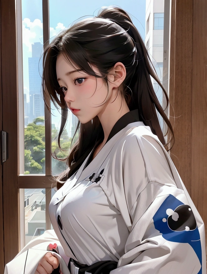 surrealism, Verism, nffsw, Anatomically correct, Textured skin, high details, awardwinning, hight resolution, 8K, 1girl in, (FULL BODYSHOT), Does not extend off the screen、Strong Karate Female Athletes、Wearing a karate uniform、Beautiful fece、beautiful expression、A detailed face、perfectly proportions、Trained muscular body、爆乳、big breasts thin waist、Maximum 4 fingers and 1 thumb relationship, Battle Pose、karate pose、Dynamic Poses、watching at viewers、Nervous、grim facial expression、The background is a karate dojo、blur backgroun、