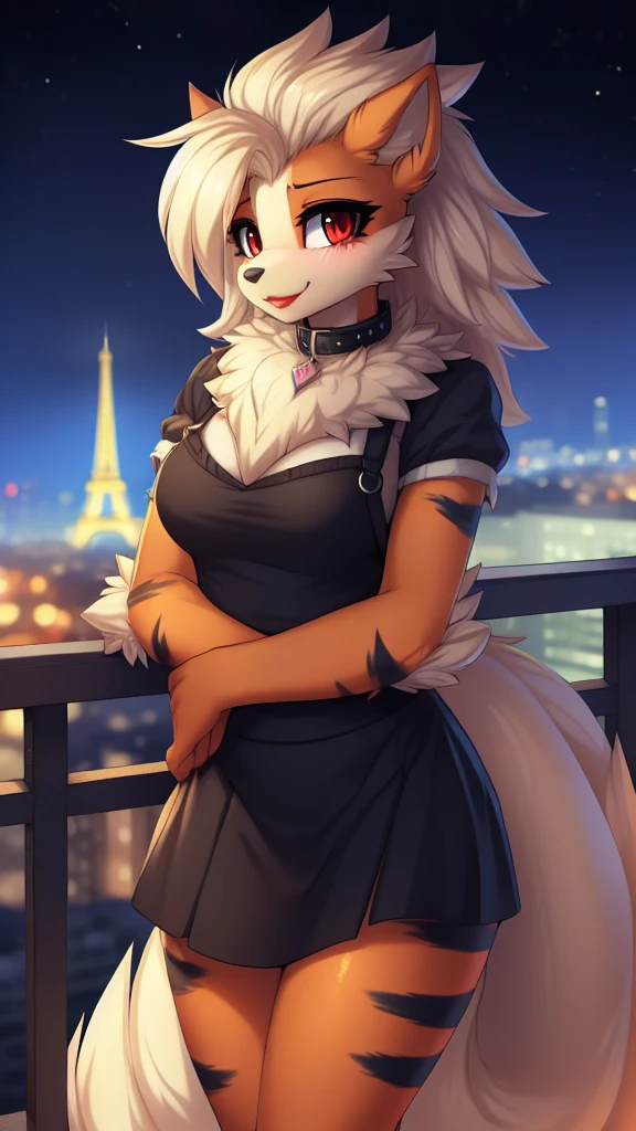 By zinfyu,by twistedscarlet60, uploaded on pixiv, by fluff-kevlar, (masterpiece), (best quality), (solo female:1.2), (extremely detailed:1.3),(detailed eye,black circle on eye,red eye), arcanine,Hourglass_body, using lipstick, human lips, red lips,has hair pony, hair pony, view on viewer,  shy face, medium breast, focus on face, mature woman, beautiful eyebrow,soft eyebrow, shy, blush, wearing black collar,  closeup face,  sweet smile, wear black dress, black skirt, in paris, eifel tower, night, city building, 