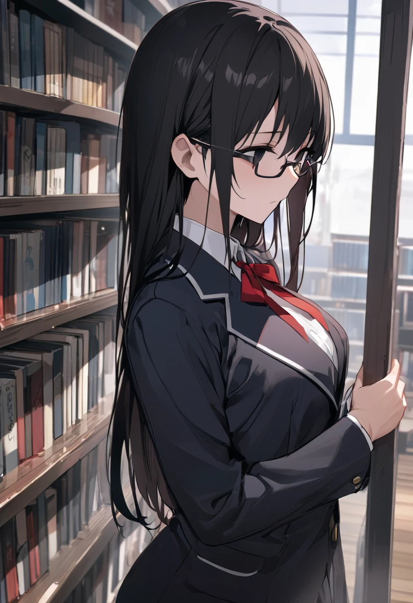 （masterpiece, Best Quality:1.2)、 full body、One person、 high school girl、Black Hair、long hair、Black Eyes、empty eyes、 slender、Glasses、黒いschool uniform, 黒のmiddle breast, blazer,  red ribbon、close mouth、no expression、stand、Standing、both hands、male、 short hair、後ろからmaleをハグ、 penis、Library、 side view